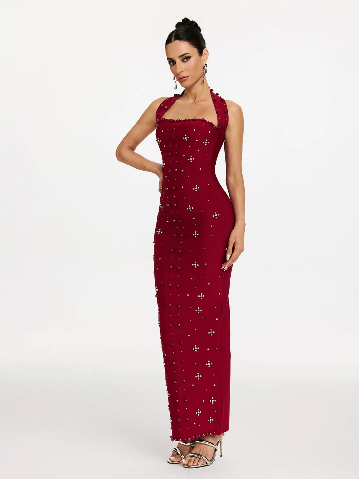 Elvira Halterneck Pearl Bandage Midi Dress In Red - OWNCI Elvira Halterneck Pearl Bandage Midi Dress In Red - OWNCI