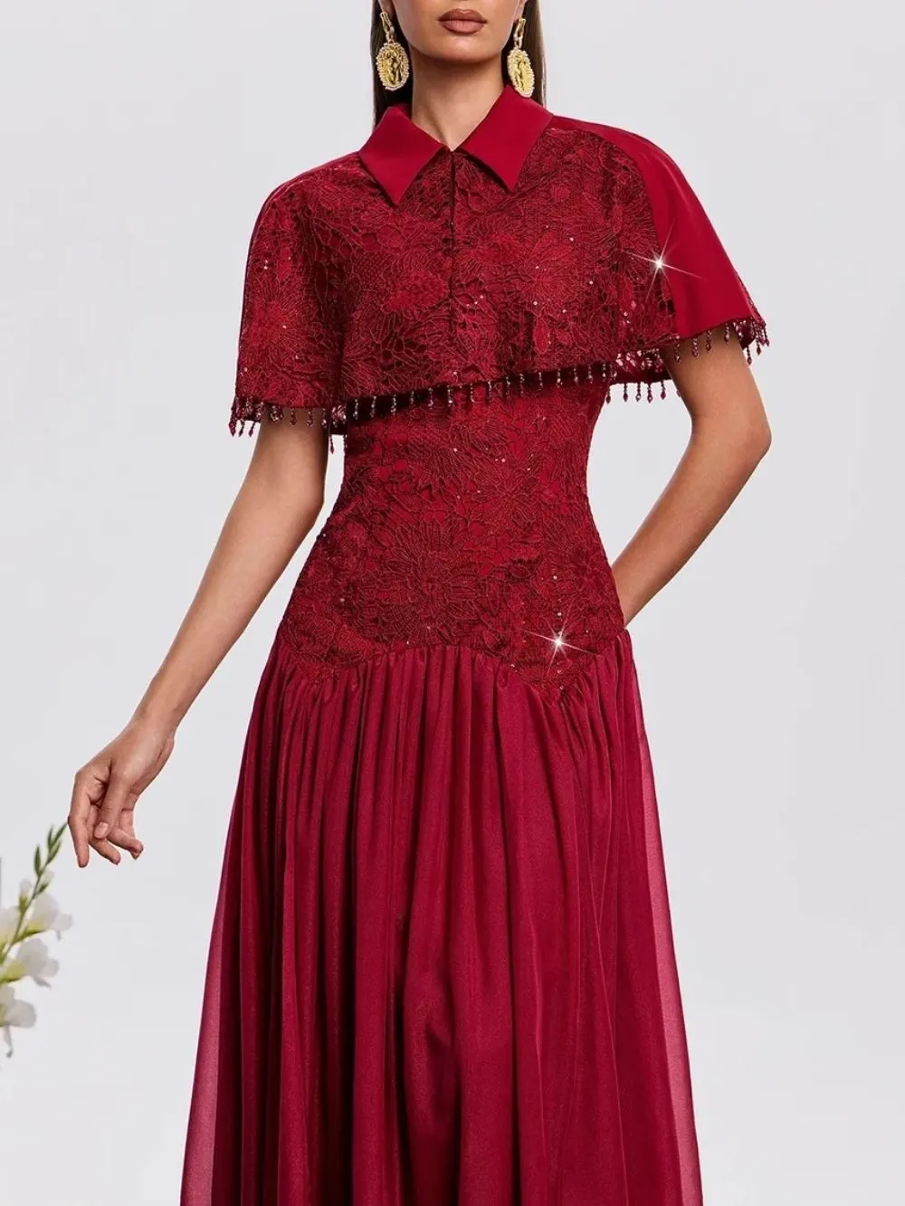 Hatice Cape Lace Dress In Wine - OWNCI Hatice Cape Lace Dress In Wine - OWNCI