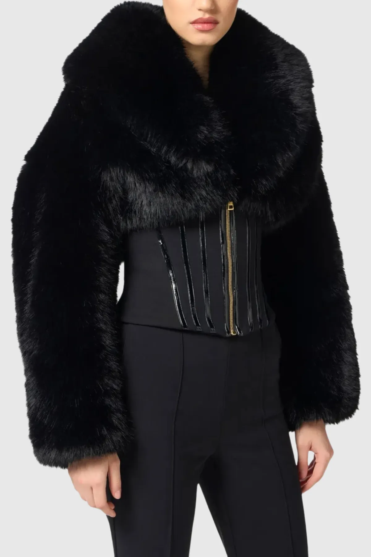 Adelaide Faux Fur Corset Jacket In Black - OWNCI