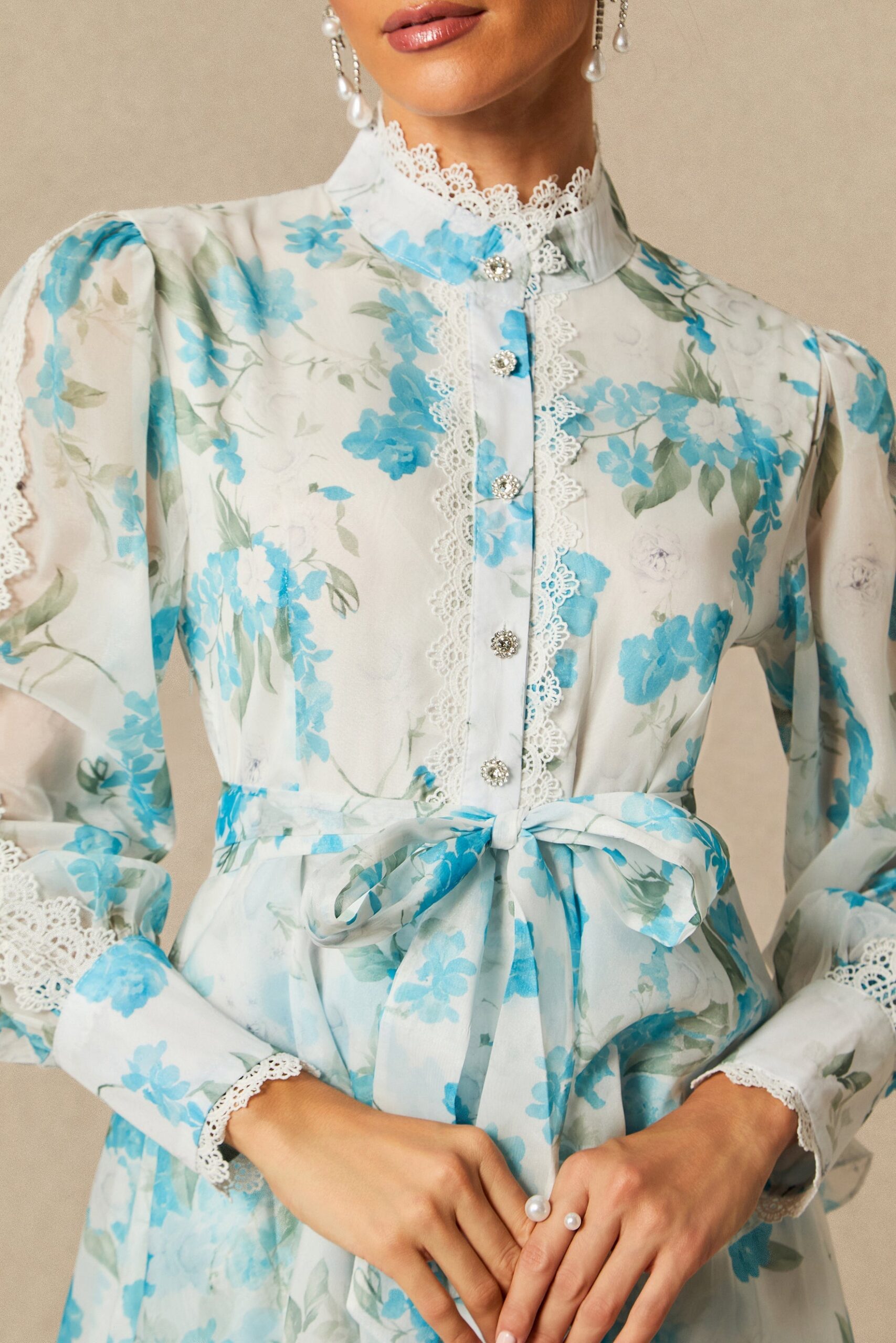 Nina Blue Chiffon Lace Trim Stand-Collar Dress With Layered Ruffles - OWNCI Nina Blue Chiffon Lace Trim Stand-Collar Dress With Layered Ruffles - OWNCI