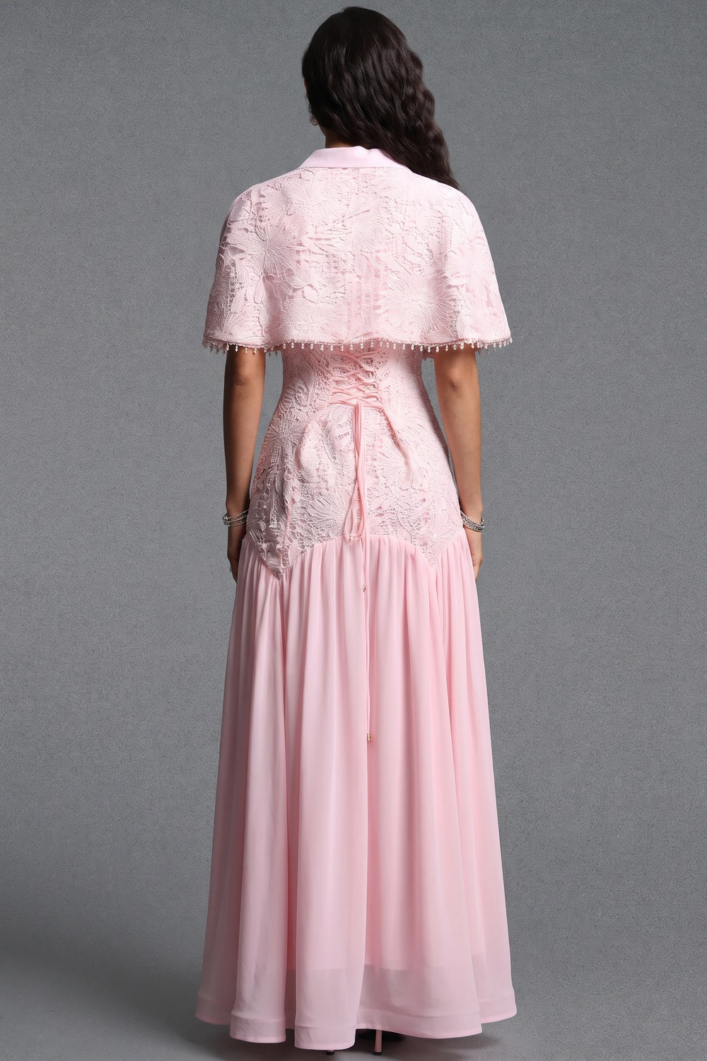 Pastel Pink Floral Lace Fitted Bodice with Flared Mermaid-Style Skirt Dress with Matching Capelet - OWNCI