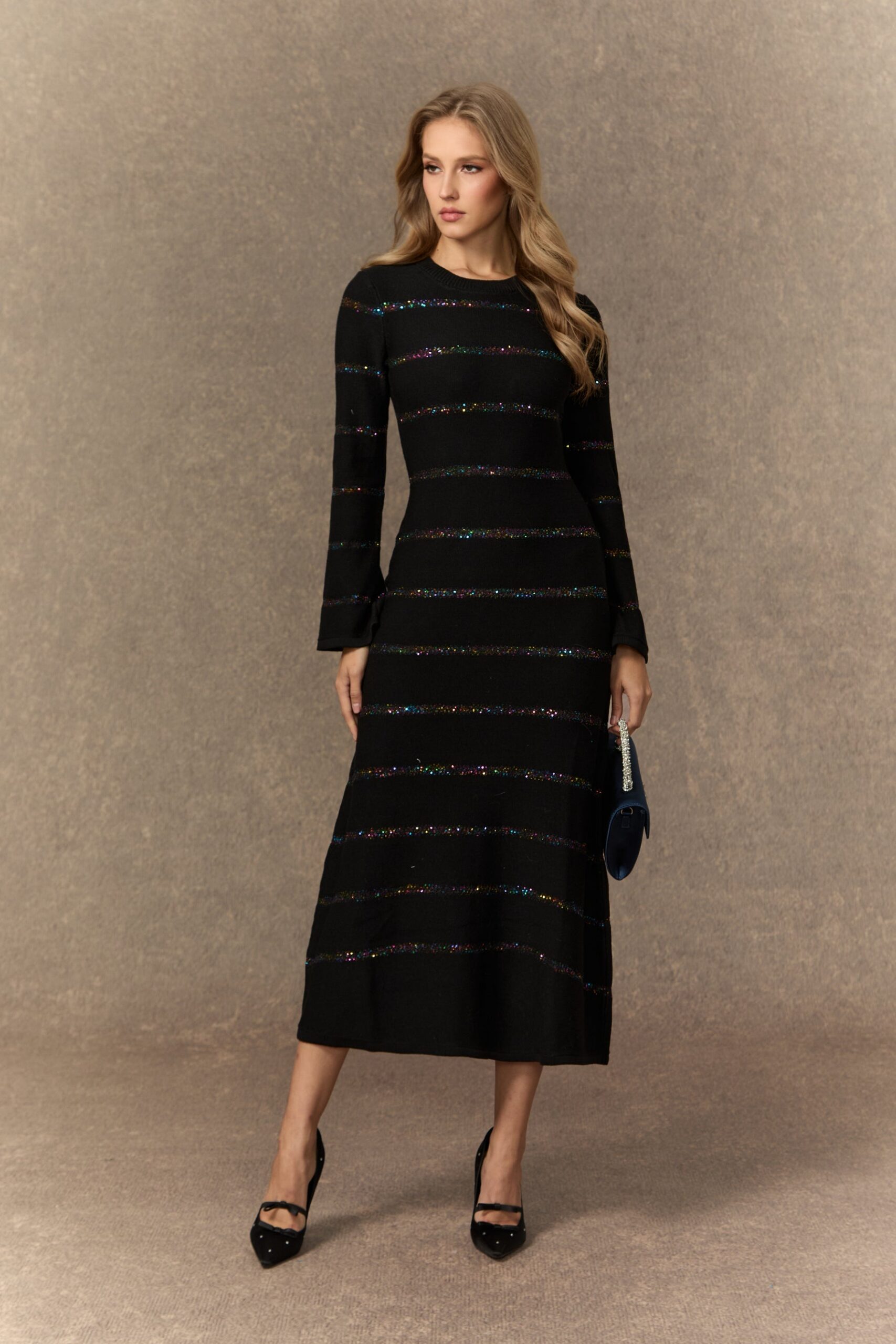 Gloria Black Sequin Embellished Knit Midi Dress - OWNCI Gloria Black Sequin Embellished Knit Midi Dress - OWNCI