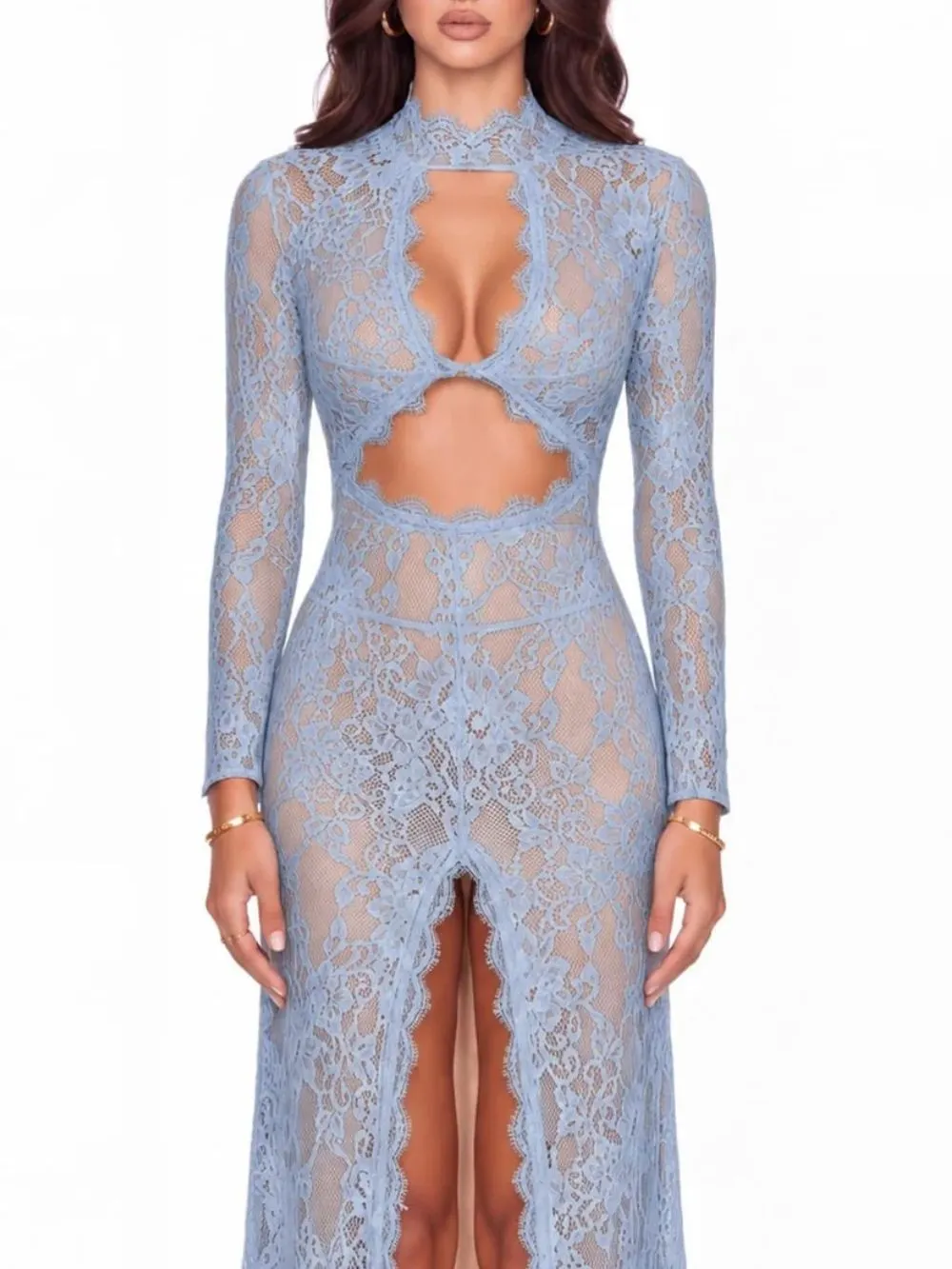 Mareike Long Sleeve Lace Split Maxi Dress In Blue - OWNCI Mareike Long Sleeve Lace Split Maxi Dress In Blue - OWNCI