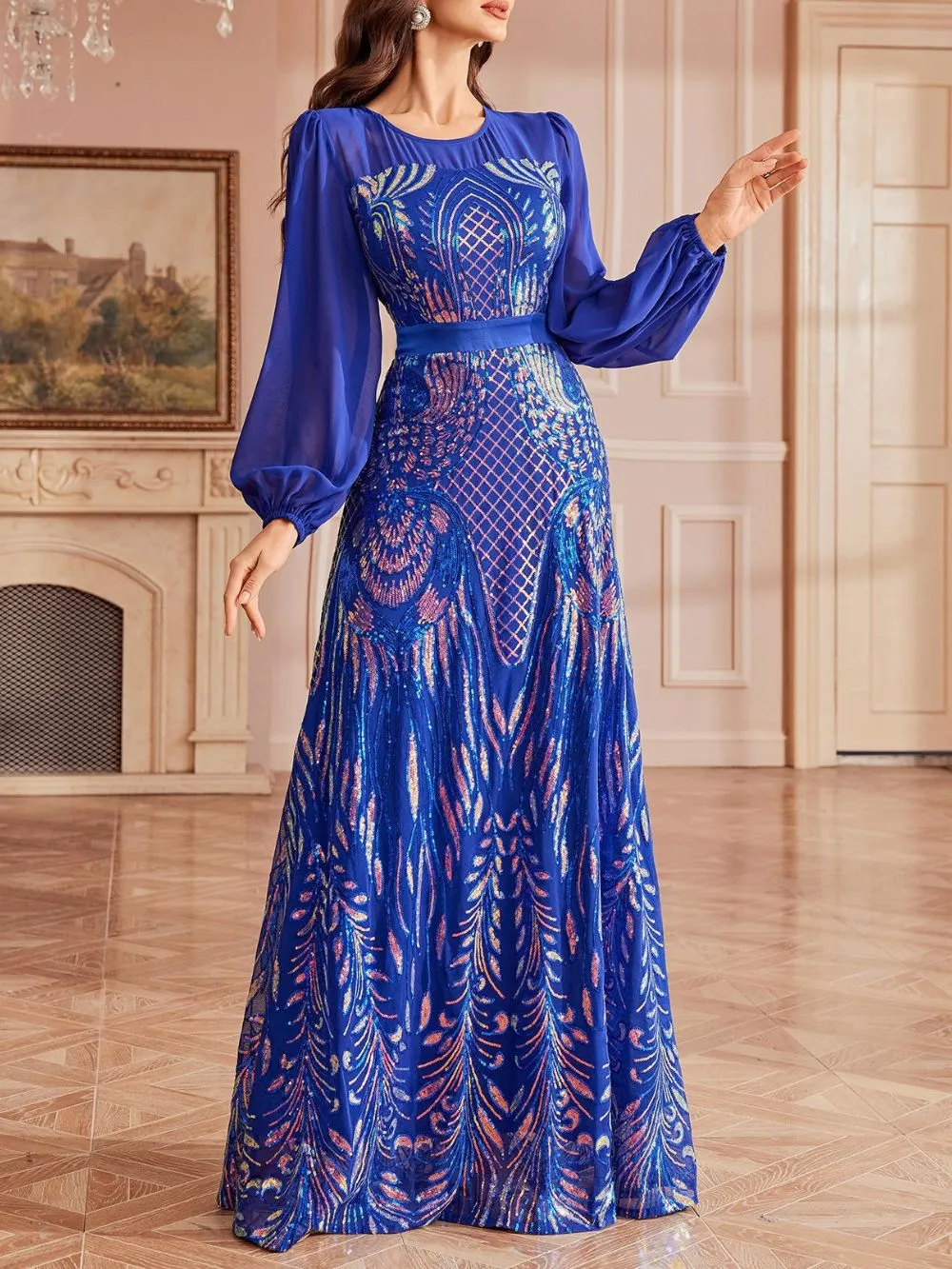 Milania Blue Sequin Long Sleeve Maxi Dress - OWNCI Milania Blue Sequin Long Sleeve Maxi Dress - OWNCI