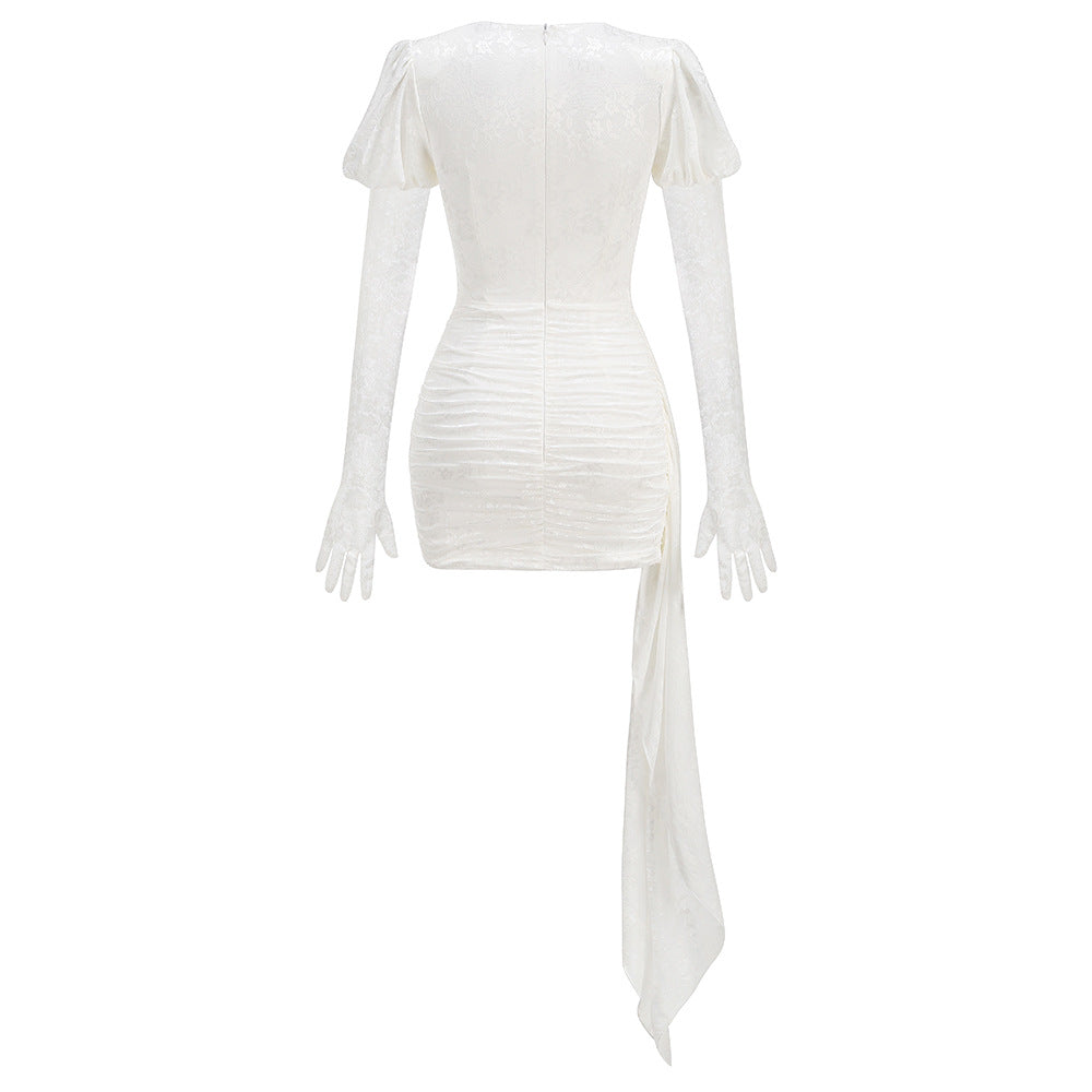 Dariel Floral Jacquard Cutout Draped Mini Dress – White - OWNCI Dariel Floral Jacquard Cutout Draped Mini Dress – White - OWNCI