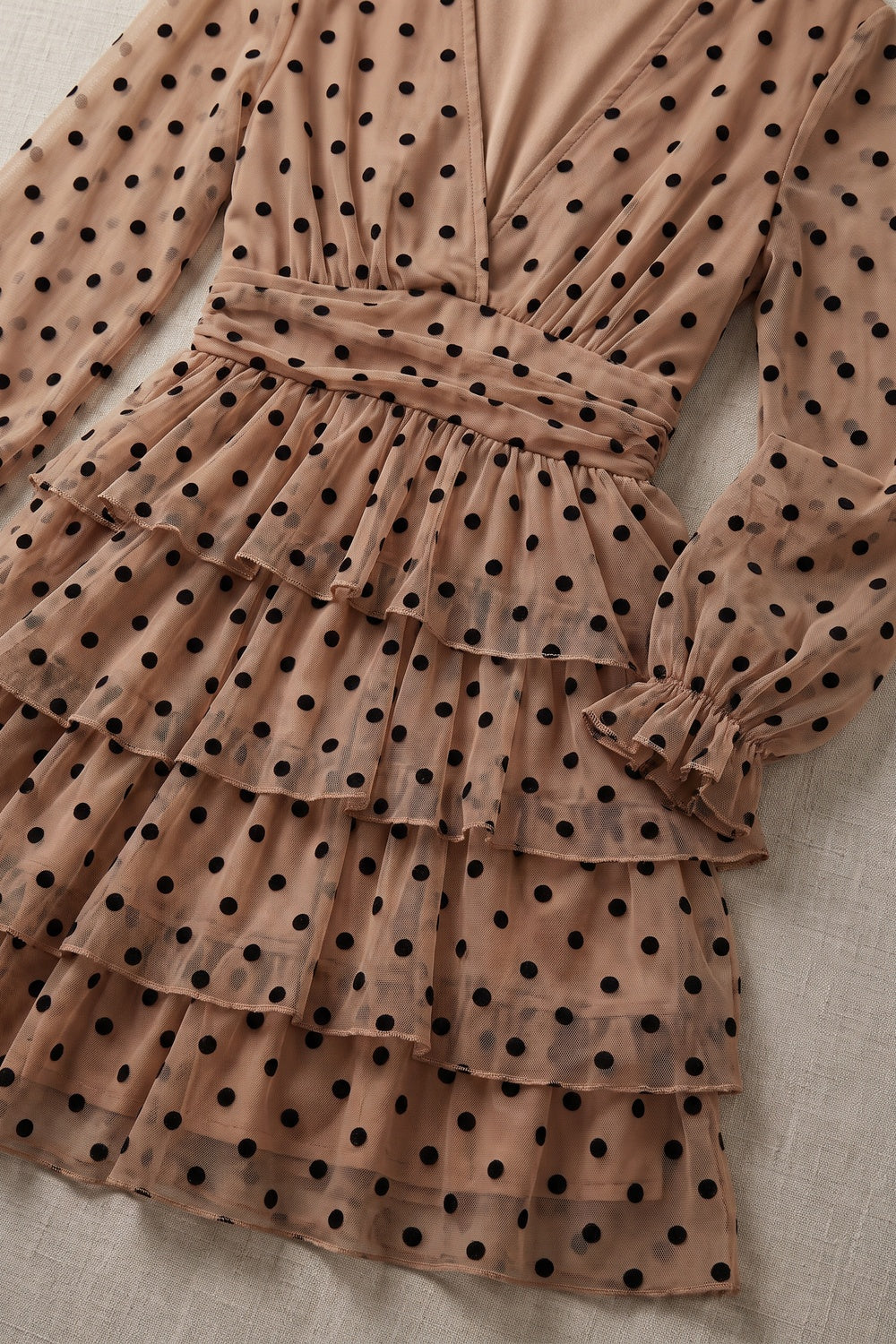 Beige Sheer Mesh Fit-and-Flare Tiered Dress - OWNCI Beige Sheer Mesh Fit-and-Flare Tiered Dress - OWNCI