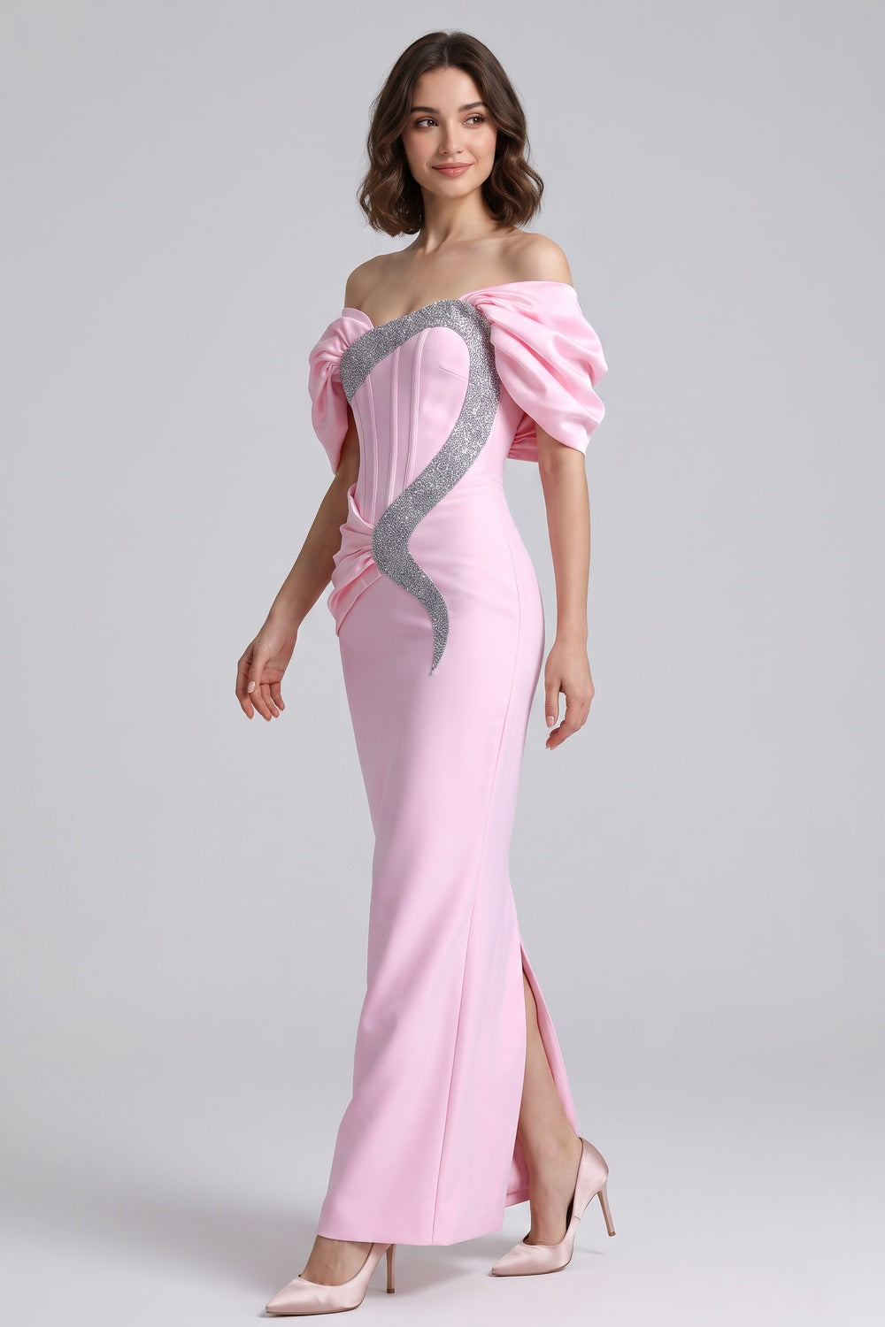 Light Pink Satin-Crepe Column Gown with Silver Sparkly Trim - OWNCI Light Pink Satin-Crepe Column Gown with Silver Sparkly Trim - OWNCI