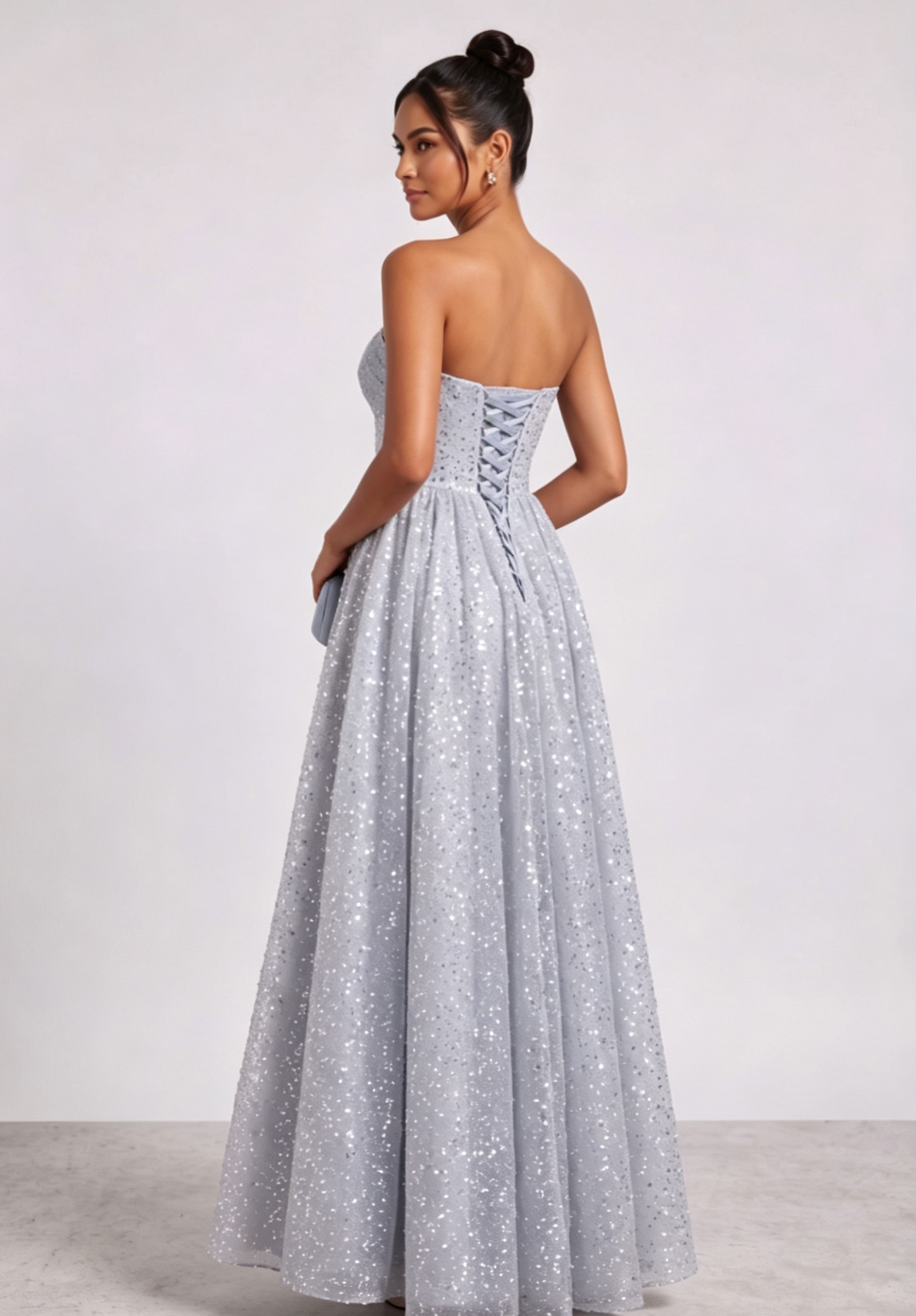 Silver-Blue Glitter Tulle A-Line Evening Gown - OWNCI