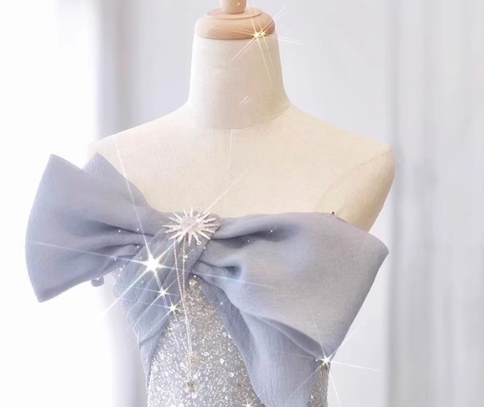Silver-Blue Glitter Tulle A-Line Evening Gown - OWNCI