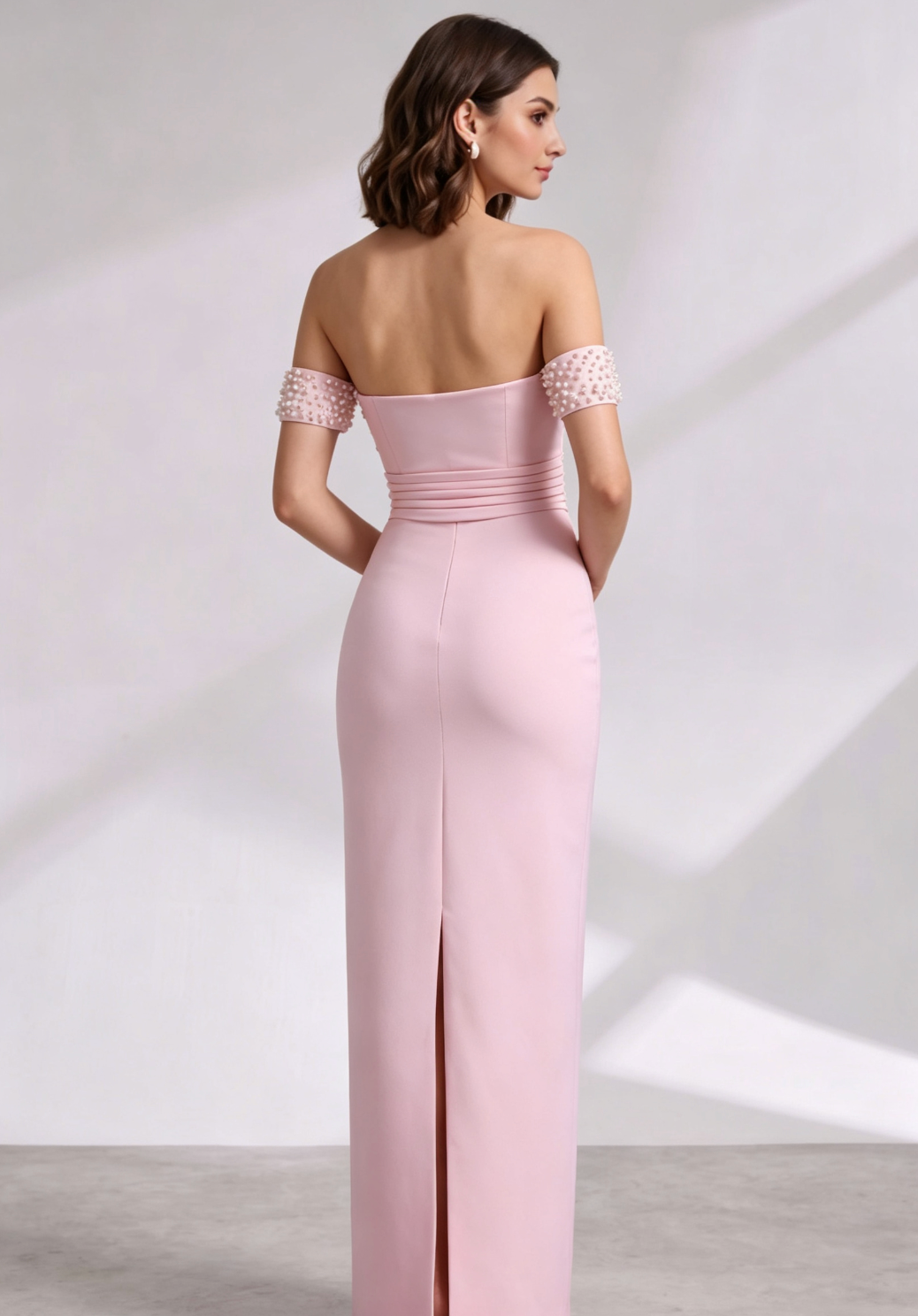 Light Pink Structured Crepe Sheath Dress with Pearl Embellishment - OWNCI Light Pink Structured Crepe Sheath Dress with Pearl Embellishment - OWNCI