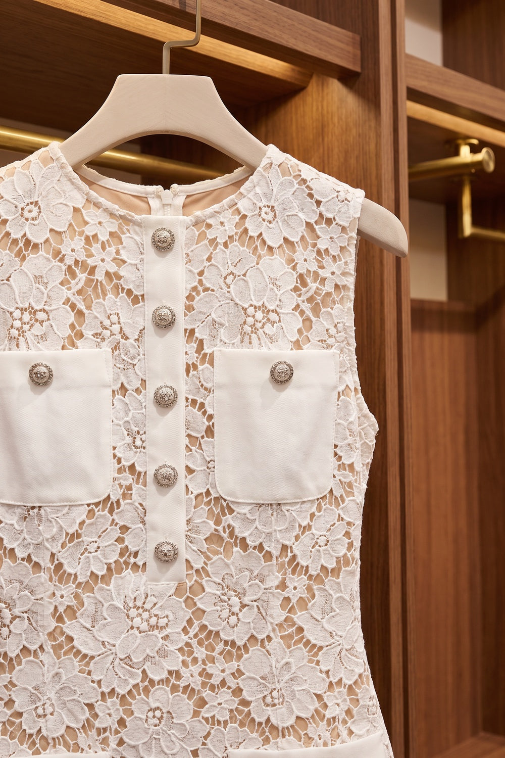White Floral Lace Shift Dress with Button Pockets - OWNCI White Floral Lace Shift Dress with Button Pockets - OWNCI