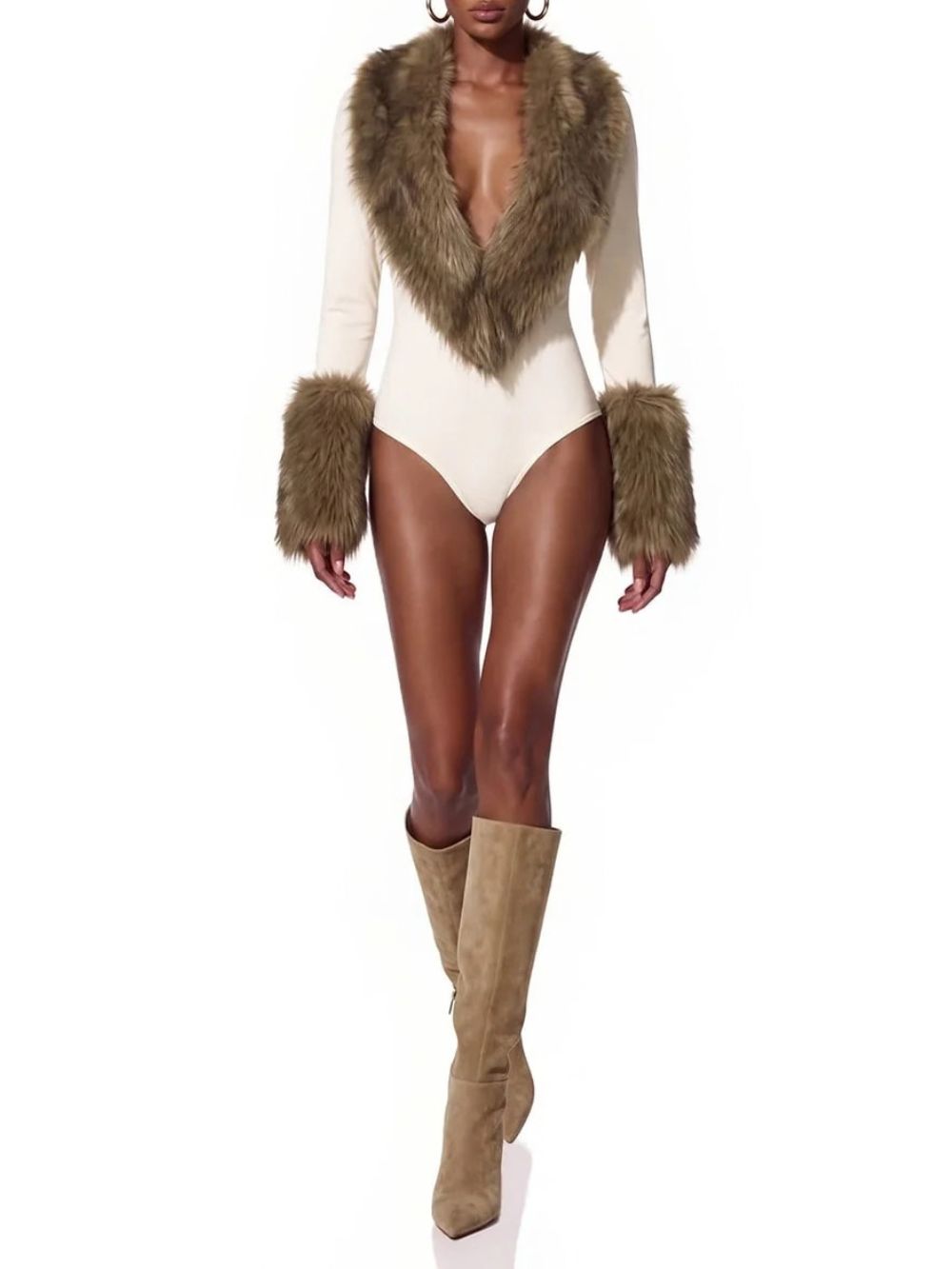 Qalmere Plunge Neck Faux Fur Bodysuit - OWNCI Qalmere Plunge Neck Faux Fur Bodysuit - OWNCI