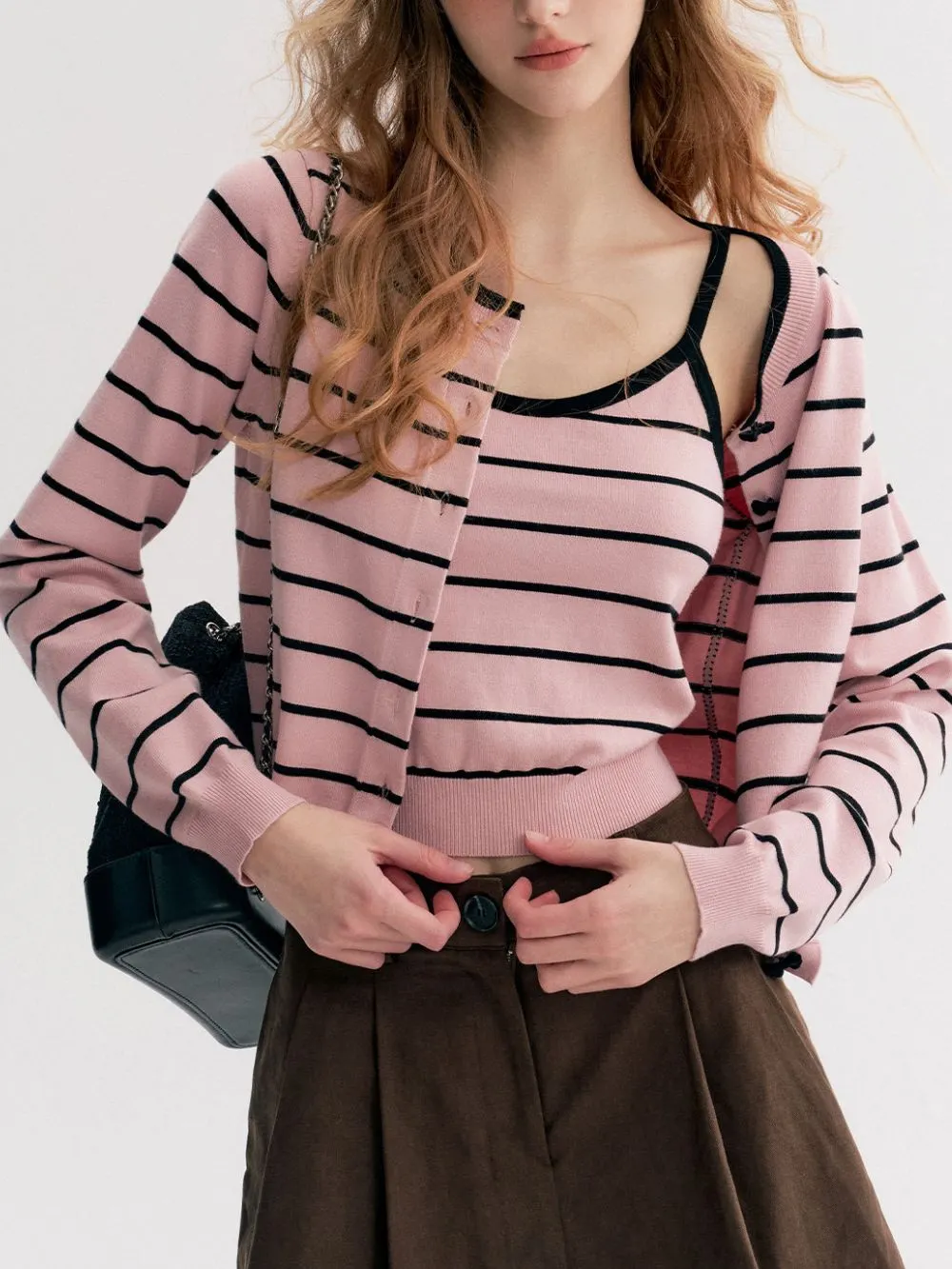 Miona Pink Stripe Cardigan & Tank Top Set - OWNCI