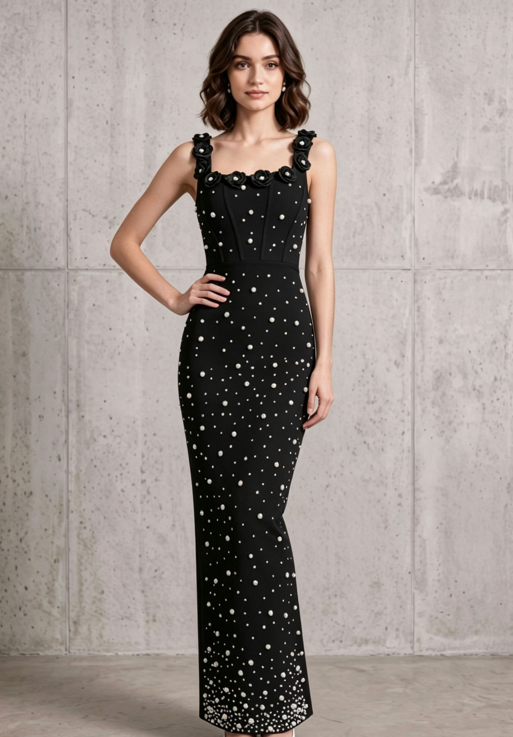 Black Heavyweight Stretch Knit Column Maxi Dress with Pearl Embellishments - OWNCI Black Heavyweight Stretch Knit Column Maxi Dress with Pearl Embellishments - OWNCI