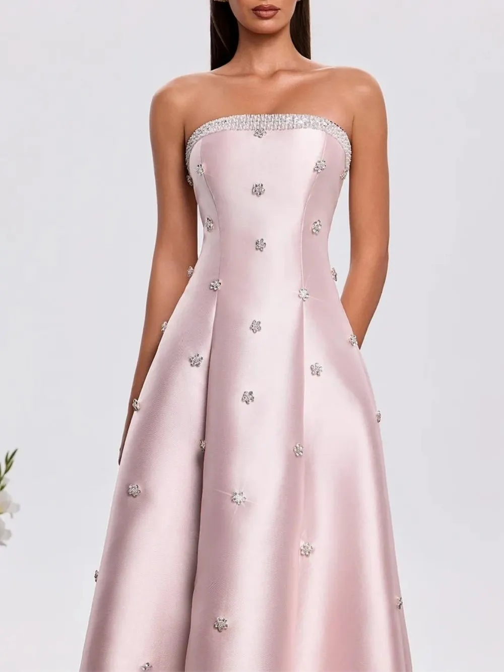 Harumi Strapless Rhinestone Satin Dress - OWNCI Harumi Strapless Rhinestone Satin Dress - OWNCI
