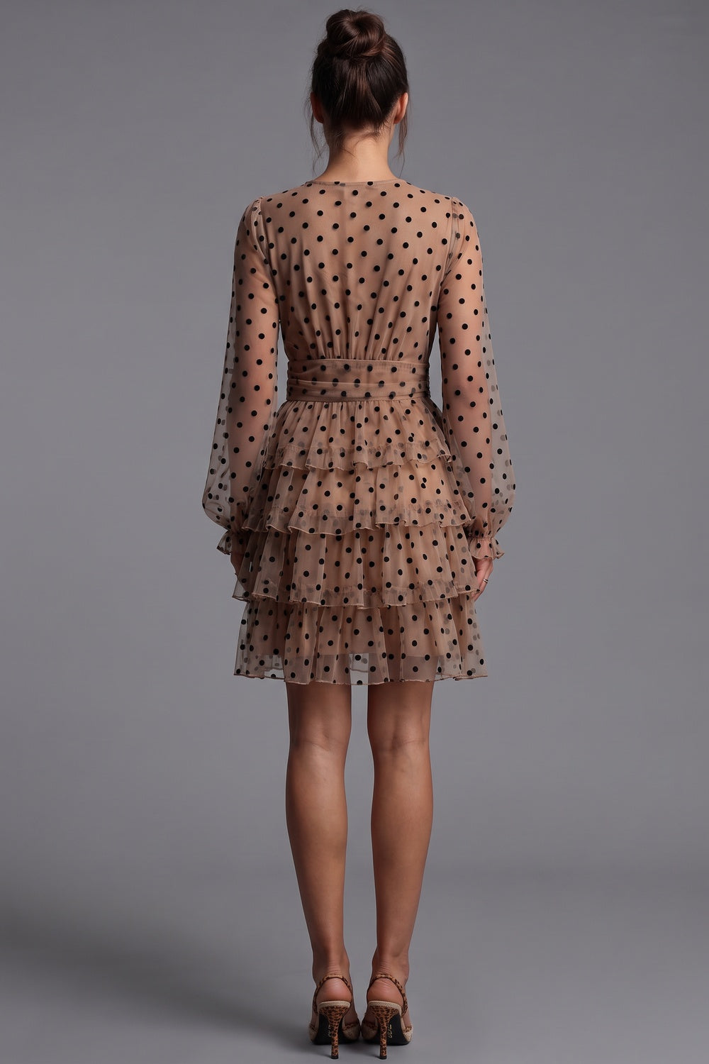 Beige Sheer Mesh Fit-and-Flare Tiered Dress - OWNCI Beige Sheer Mesh Fit-and-Flare Tiered Dress - OWNCI