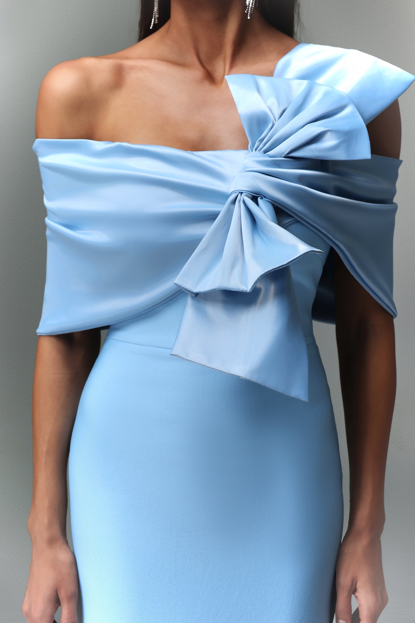Marina Blue One-Shoulder Bow Bandage Satin Maxi Dress - OWNCI Marina Blue One-Shoulder Bow Bandage Satin Maxi Dress - OWNCI