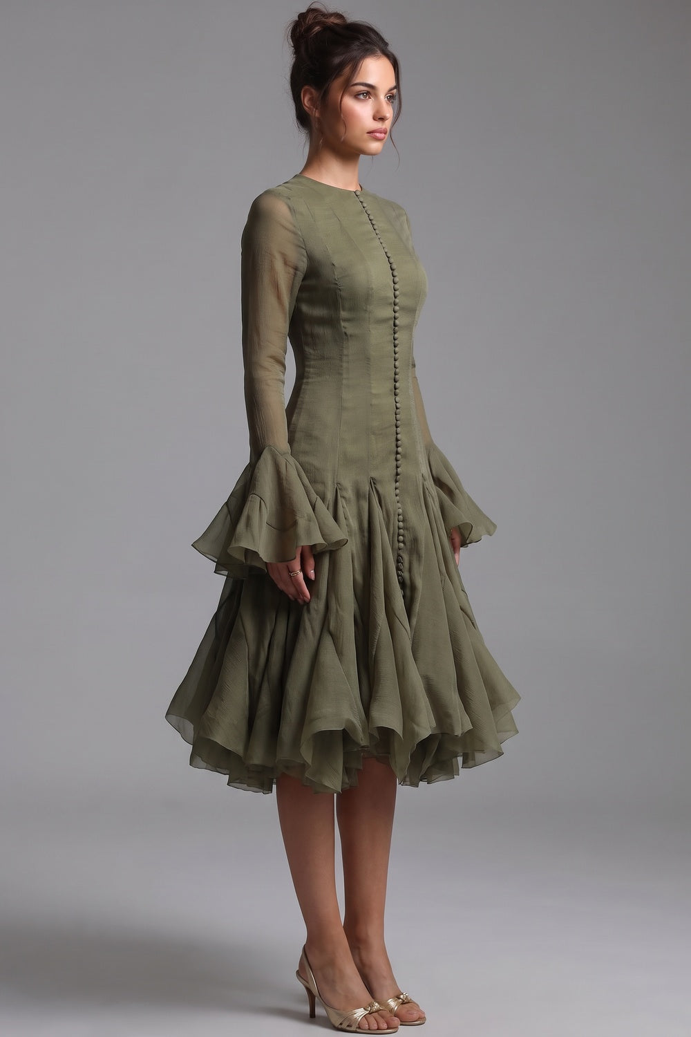 Olive Green Sheer Chiffon Fit-and-Flare Midi Dress - OWNCI Olive Green Sheer Chiffon Fit-and-Flare Midi Dress - OWNCI