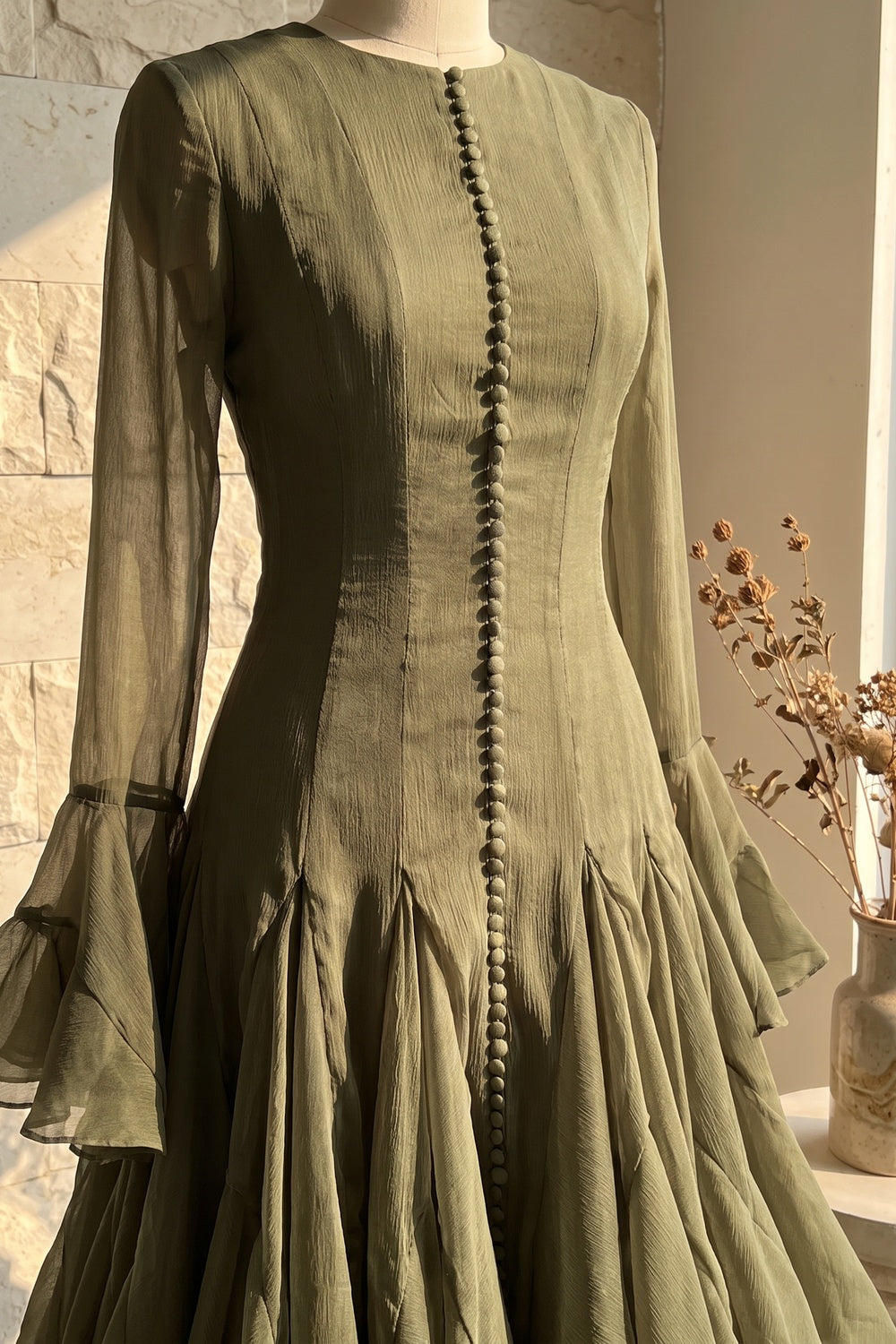 Olive Green Sheer Chiffon Fit-and-Flare Midi Dress - OWNCI Olive Green Sheer Chiffon Fit-and-Flare Midi Dress - OWNCI