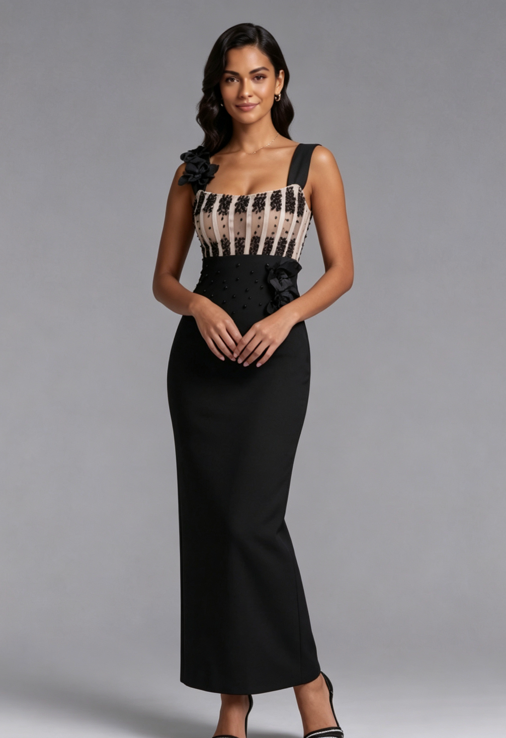 Black Structured Crepe Column Evening Gown with Beaded Bodice - OWNCI Black Structured Crepe Column Evening Gown with Beaded Bodice - OWNCI