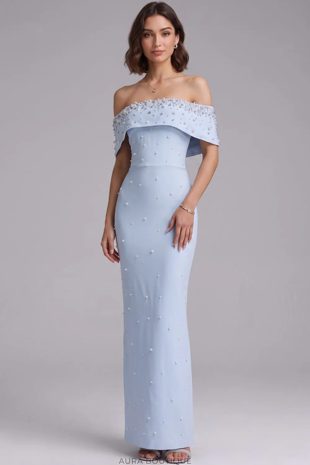 Light Blue Structured Crepe Column Gown with Pearl Embellishments - OWNCI Light Blue Structured Crepe Column Gown with Pearl Embellishments - OWNCI