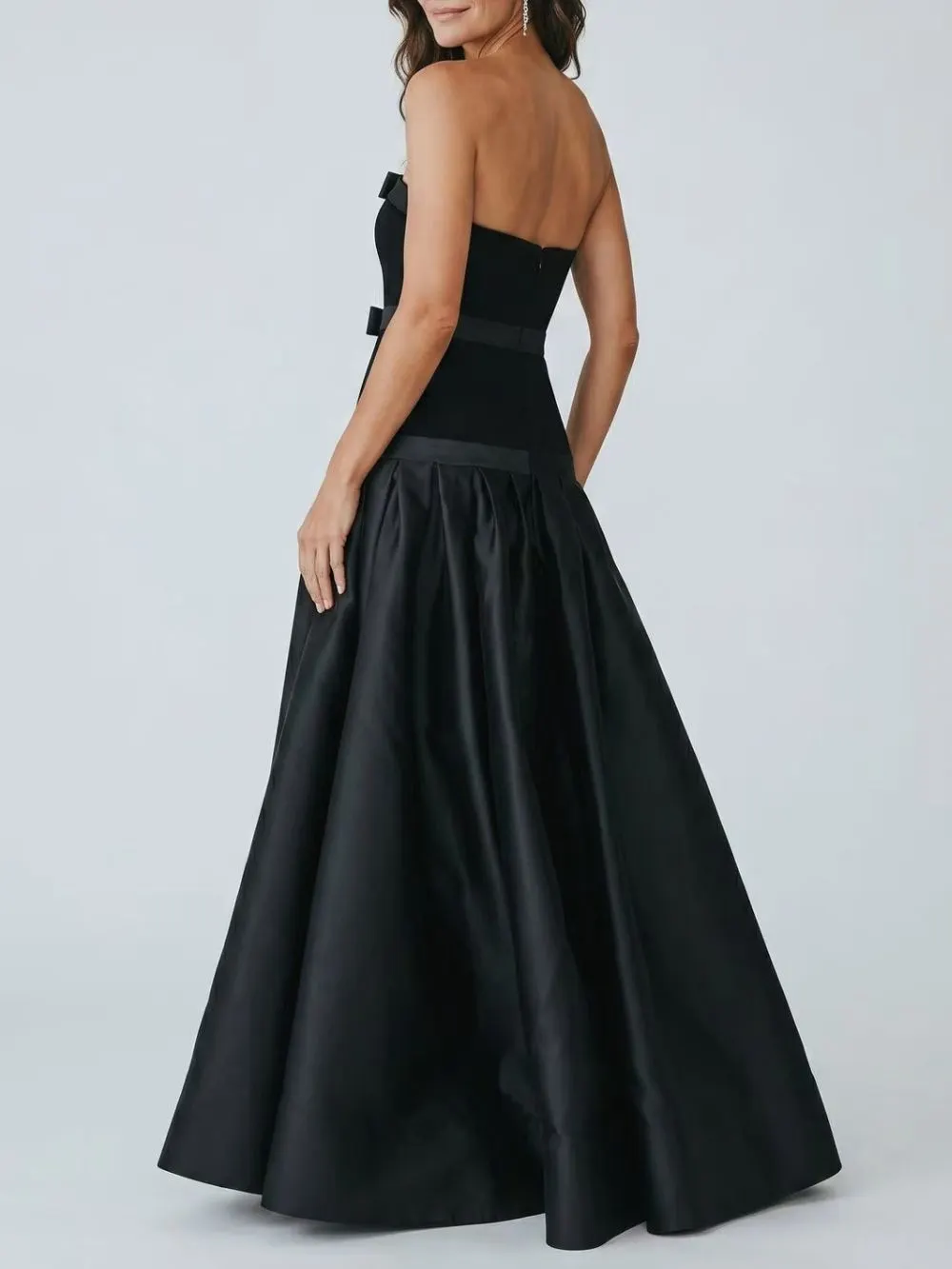 Strapless Bow Detail A Line Maxi Dress Black - OWNCI
