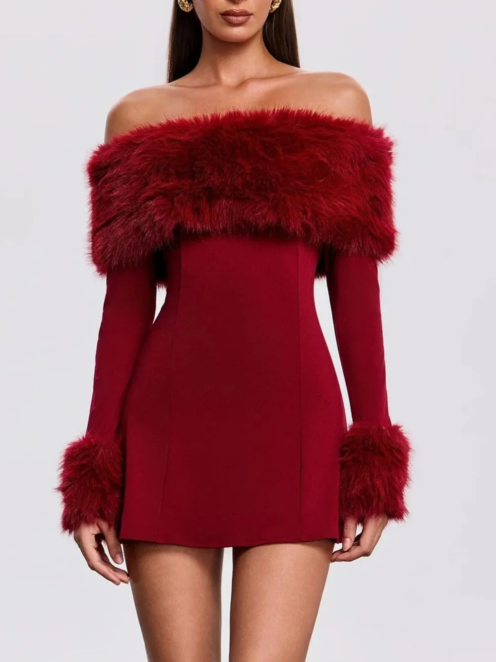 Aubelin Off Shoulder Faux Fur Mini Dress - OWNCI Aubelin Off Shoulder Faux Fur Mini Dress - OWNCI