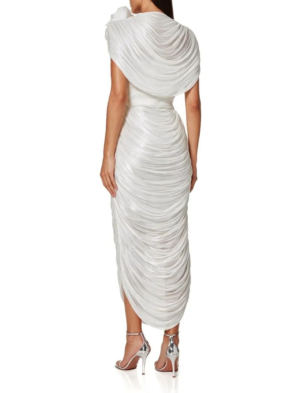 Kessari Flower Draped Midi Dress In White - OWNCI