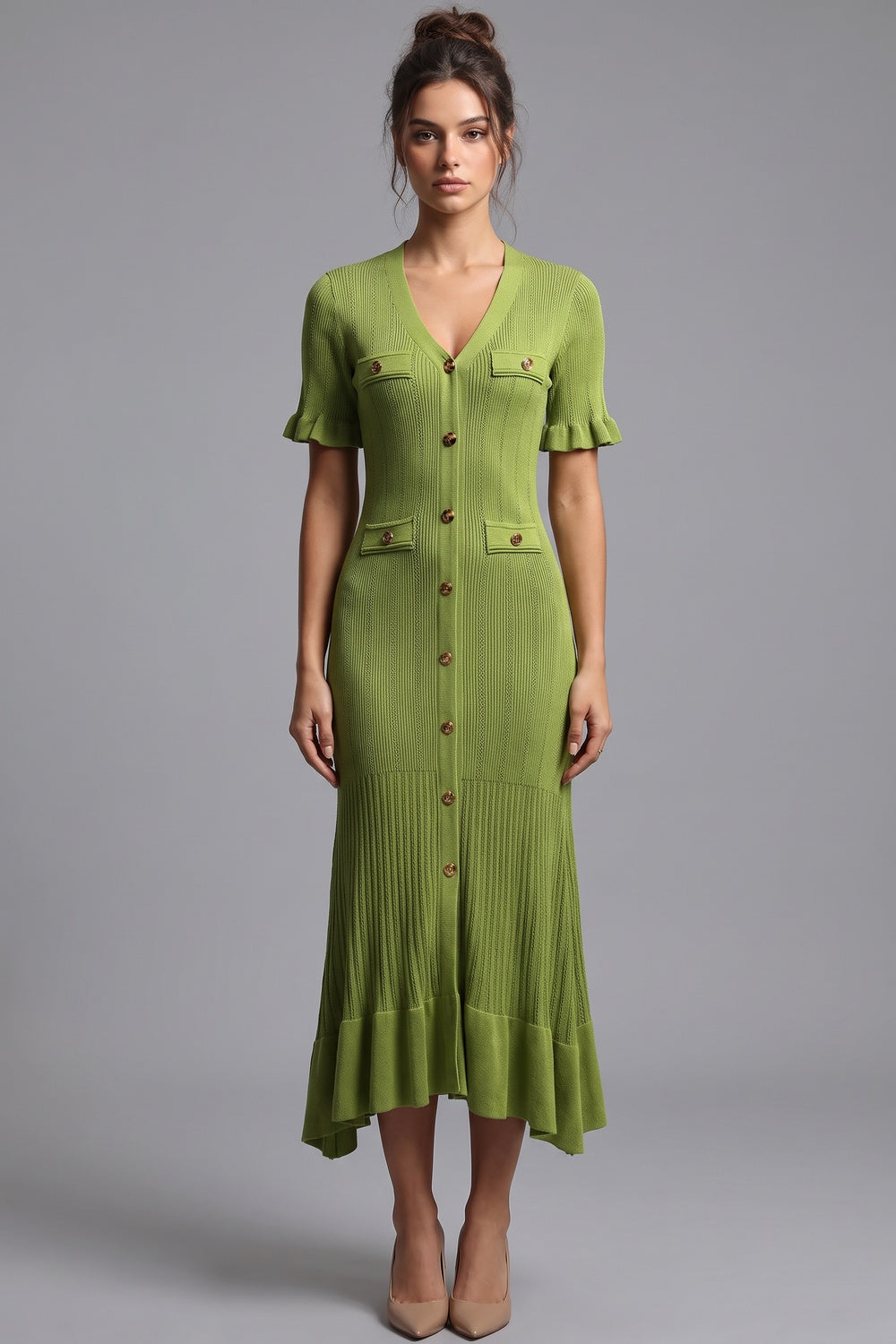 Olive Green Ribbed Knit A-Line Trumpet Midi Dress - OWNCI