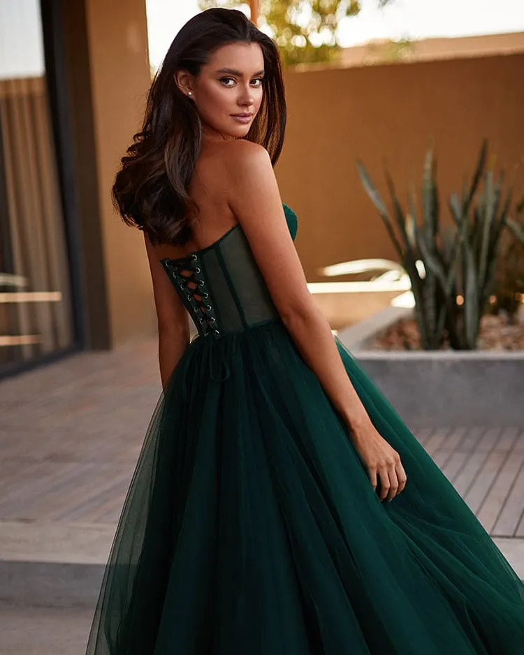 Emerald Green Strapless Puffy Midi Tulle Dress - OWNCI