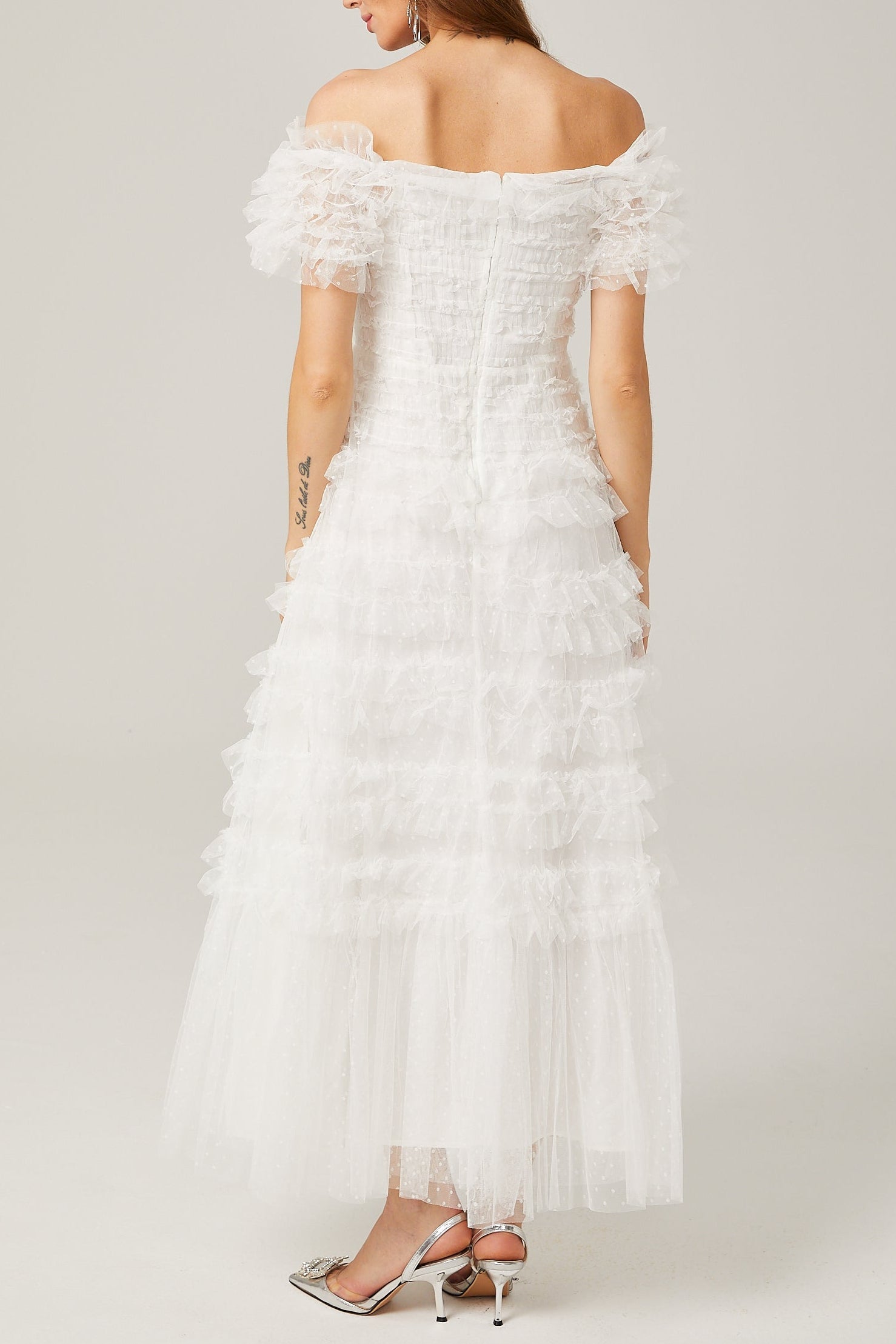 Joyce Ruffled Tulle Tiered Strapless Midi Dress In White - OWNCI