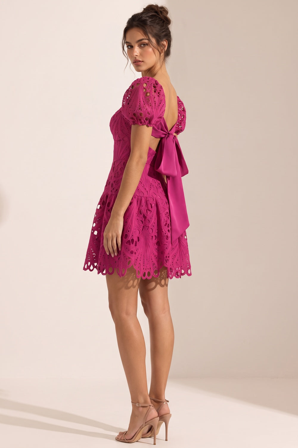 Magenta Guipure Lace Mini Dress - OWNCI