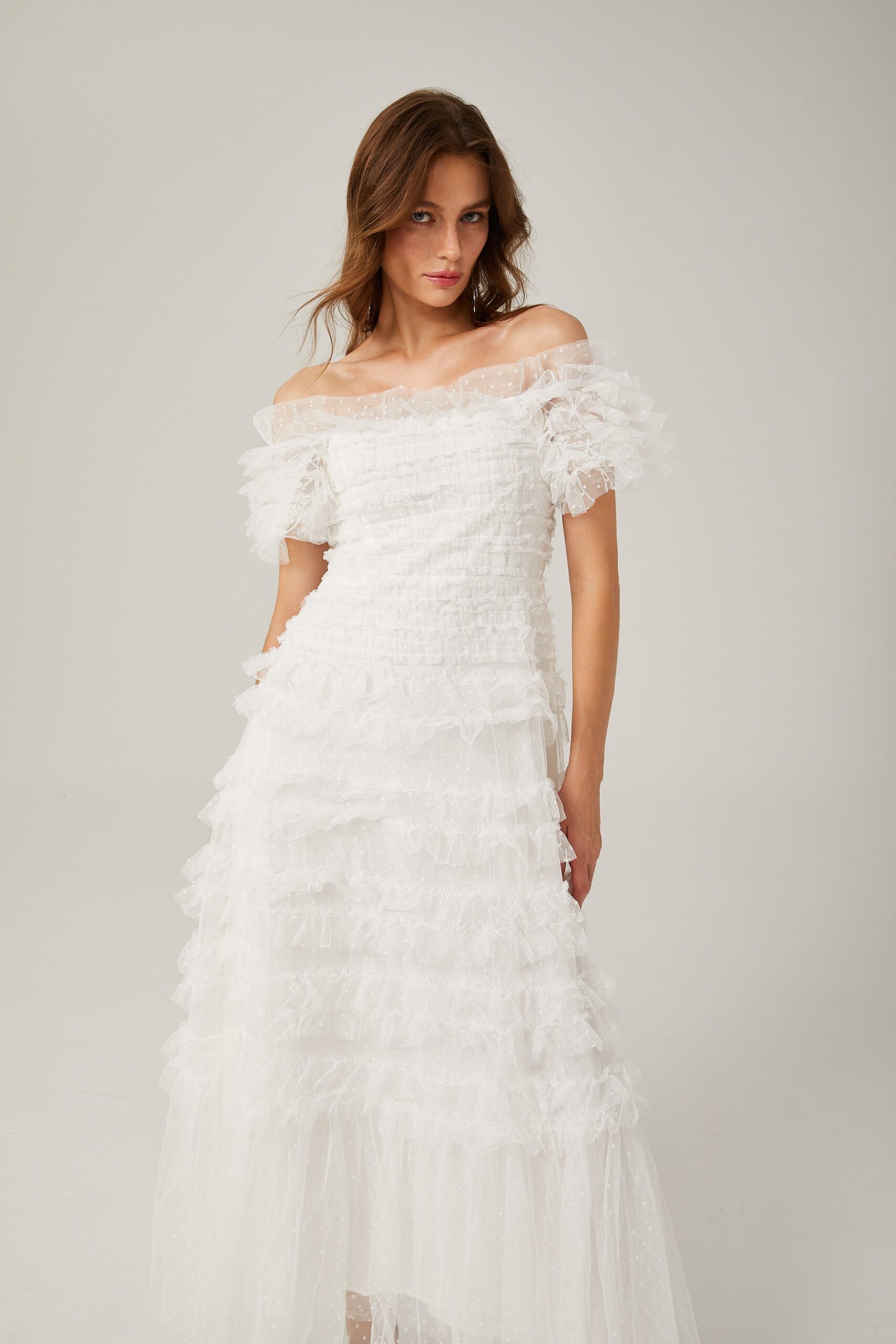Joyce Ruffled Tulle Tiered Strapless Midi Dress In White - OWNCI Joyce Ruffled Tulle Tiered Strapless Midi Dress In White - OWNCI