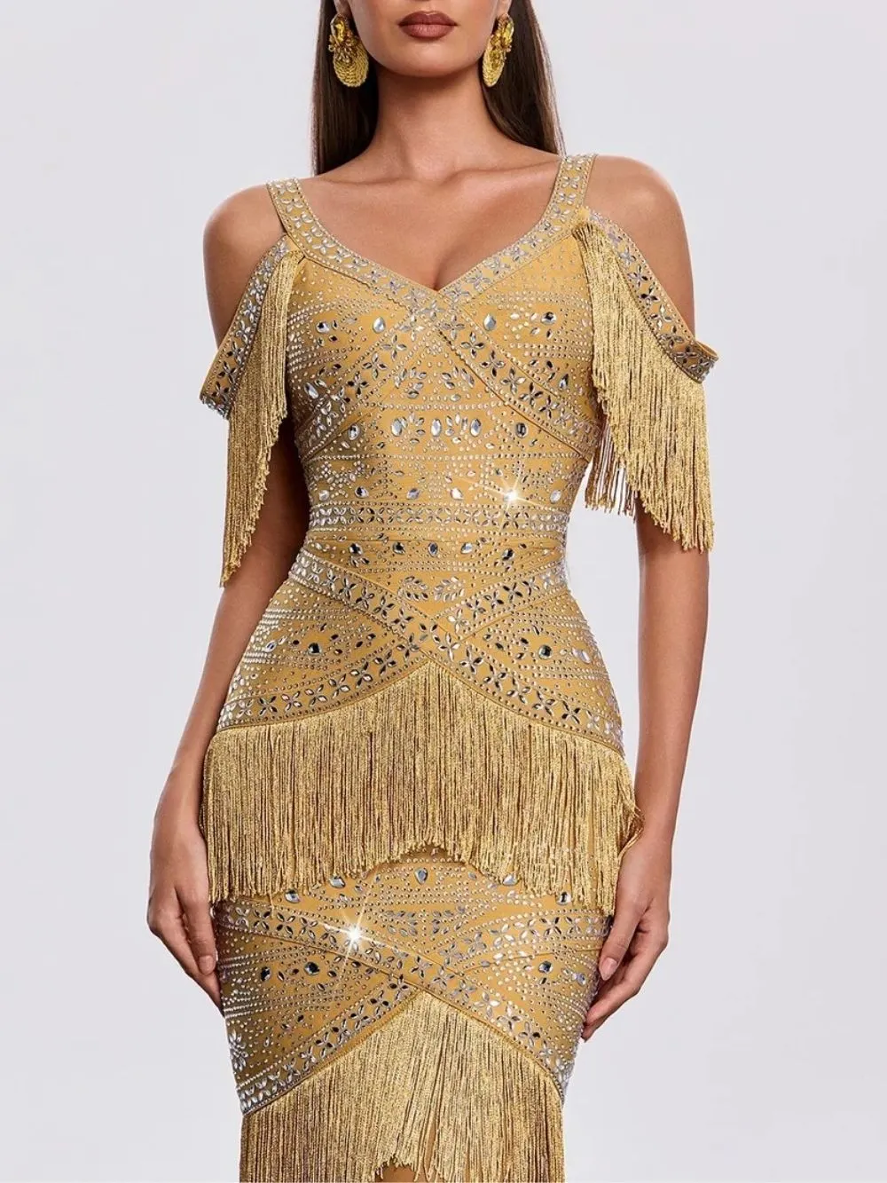 Laxden V Neck Fringe Rhinestone Maxi Dress - OWNCI