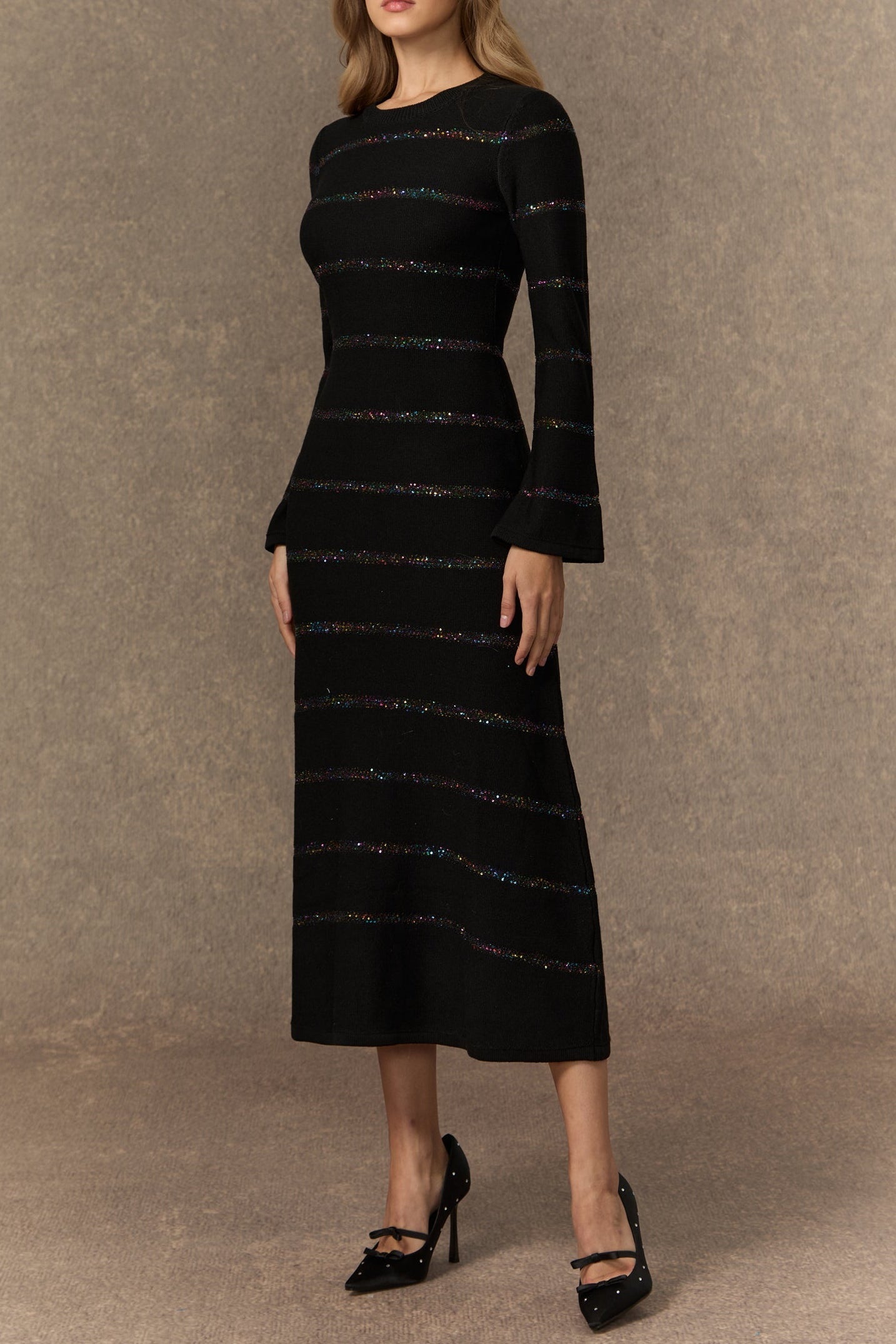 Gloria Black Sequin Embellished Knit Midi Dress - OWNCI
