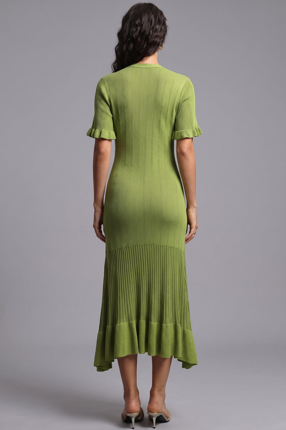 Olive Green Ribbed Knit A-Line Trumpet Midi Dress - OWNCI Olive Green Ribbed Knit A-Line Trumpet Midi Dress - OWNCI