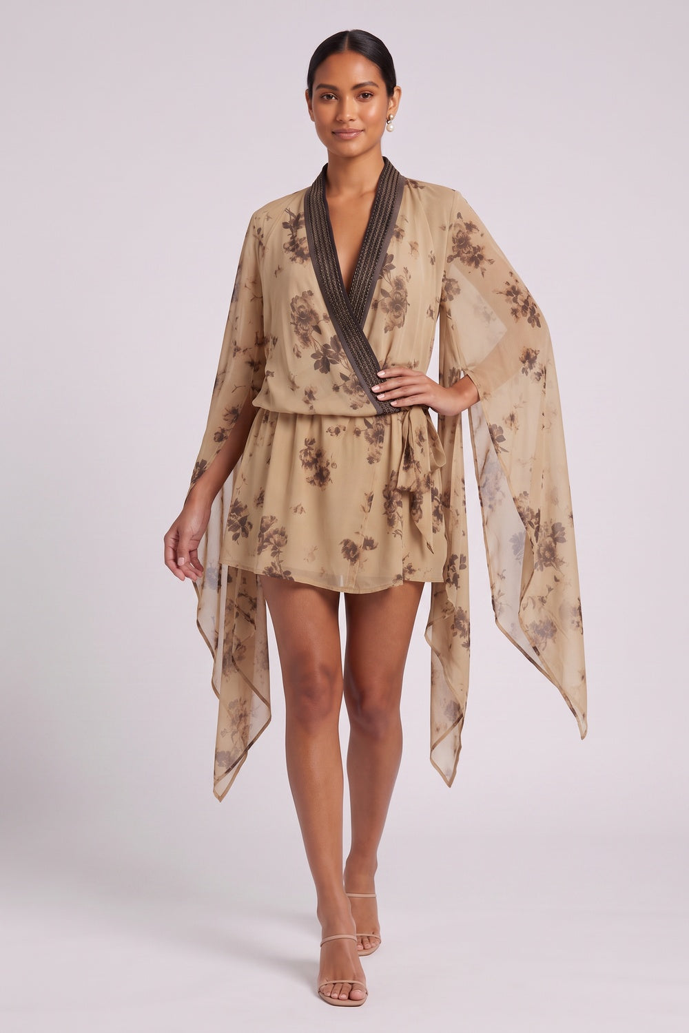 Beige Chiffon Wrap-Front Blouson With Draped Cape Sleeves Mini Dress - OWNCI Beige Chiffon Wrap-Front Blouson With Draped Cape Sleeves Mini Dress - OWNCI