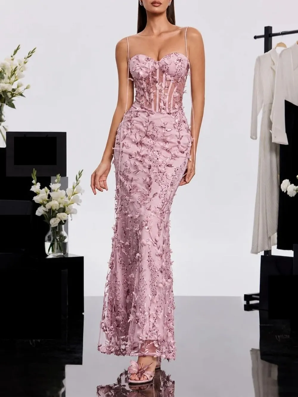 Haranu Spaghetti Corset Sequin Dress In Pink - OWNCI Haranu Spaghetti Corset Sequin Dress In Pink - OWNCI