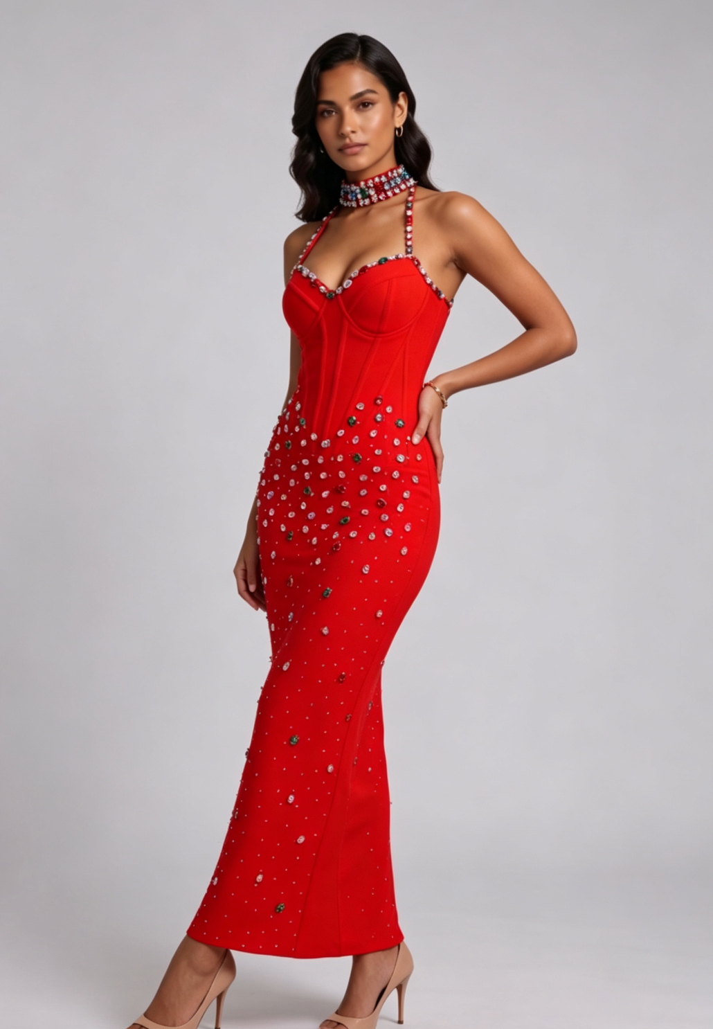 Red Crepe Sheath Dress with Embellished Halter Neck - OWNCI Red Crepe Sheath Dress with Embellished Halter Neck - OWNCI
