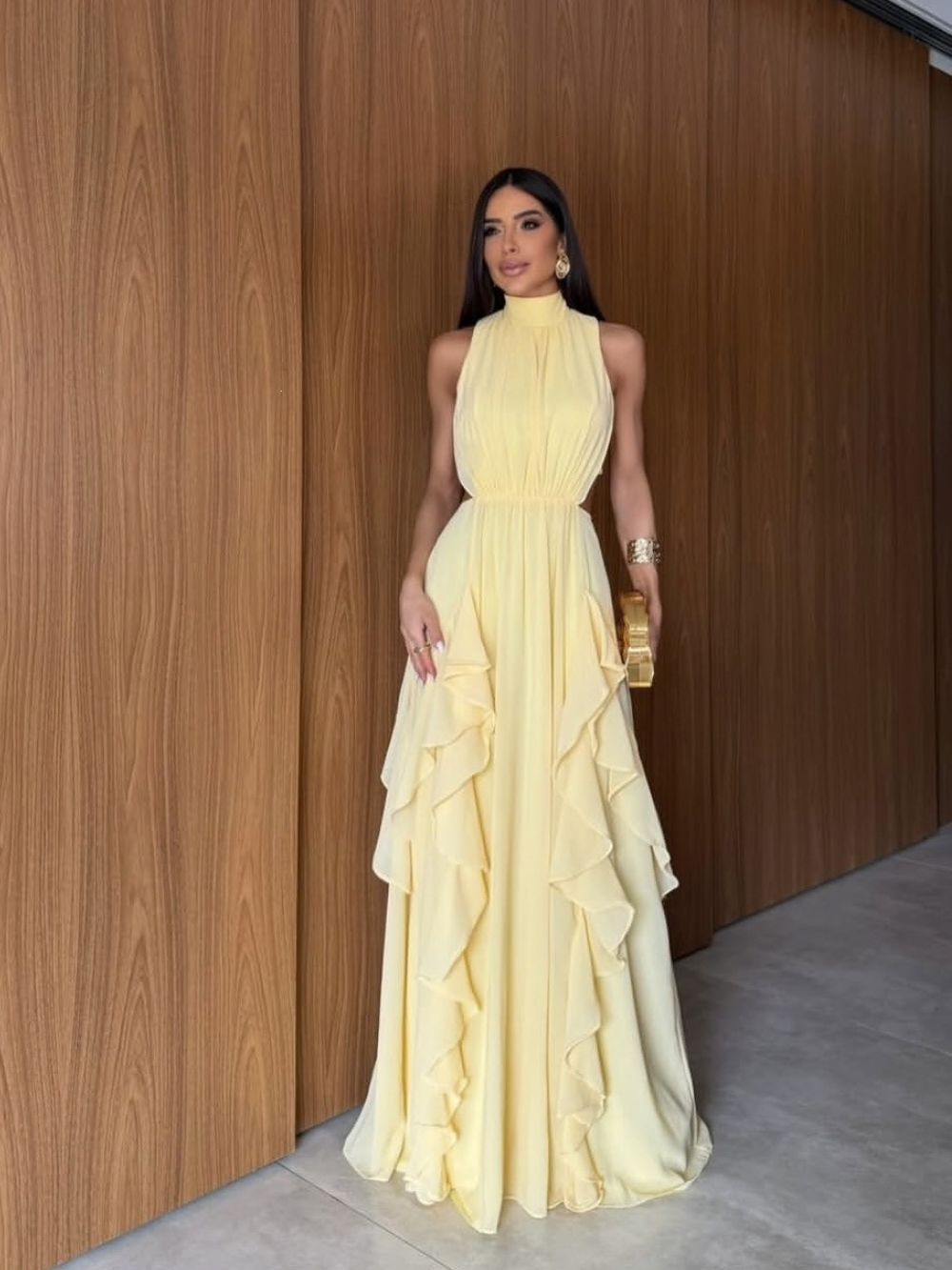 Yellow Chiffon A-Line Halter Maxi Dress - OWNCI Yellow Chiffon A-Line Halter Maxi Dress - OWNCI