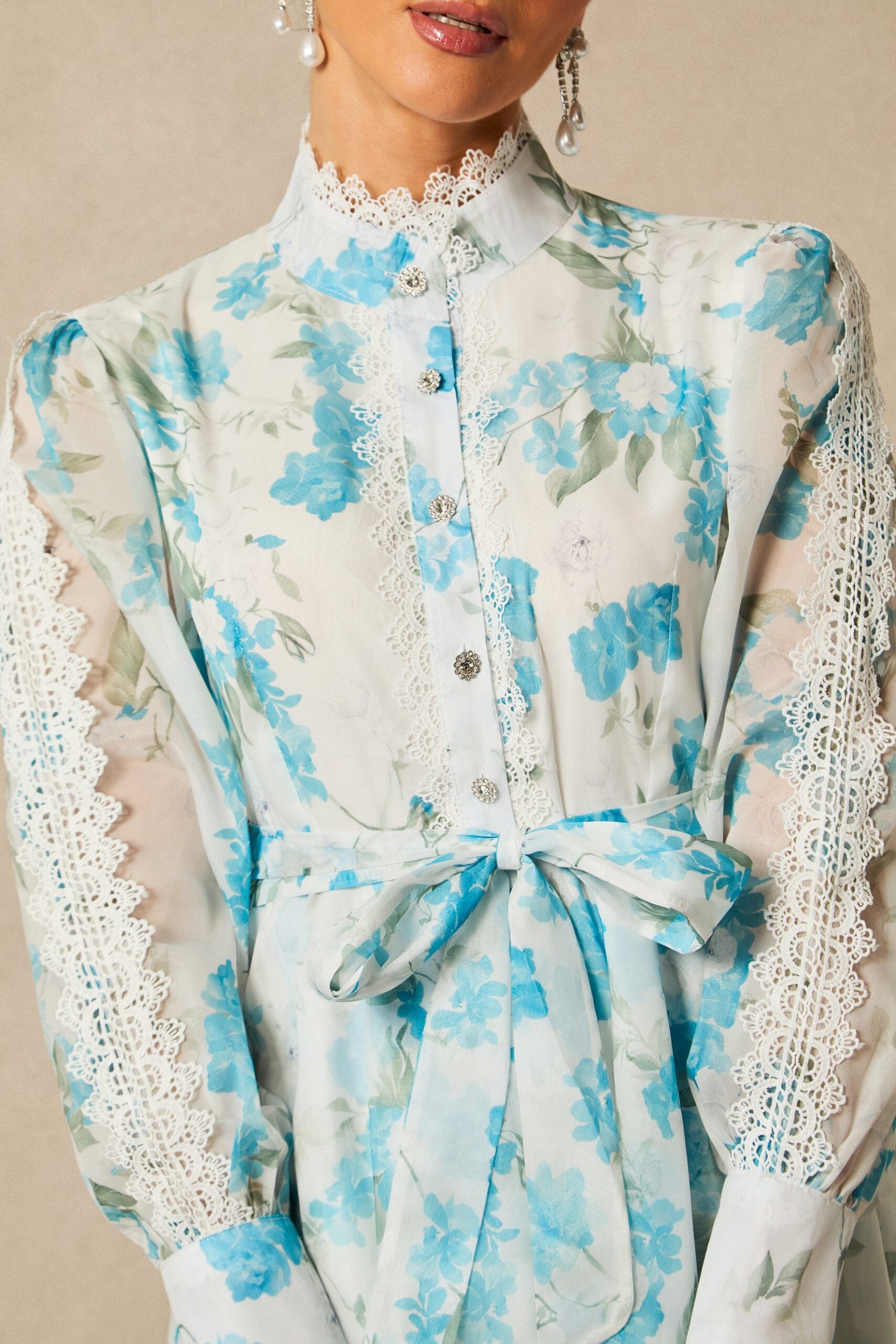 Nina Blue Chiffon Lace Trim Stand-Collar Dress With Layered Ruffles - OWNCI Nina Blue Chiffon Lace Trim Stand-Collar Dress With Layered Ruffles - OWNCI
