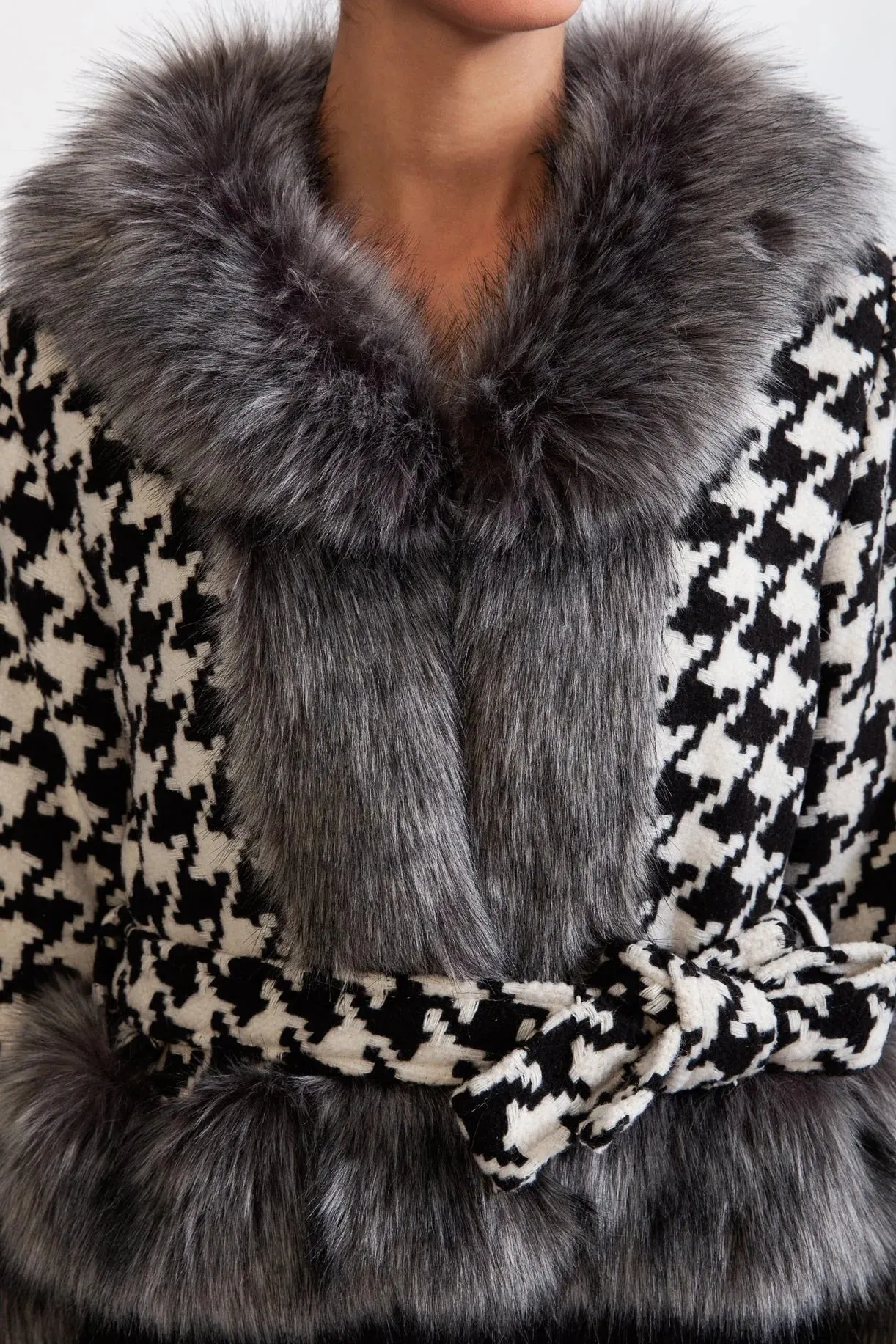Natividad Houndstooth Wool Belted Coat With Fur - OWNCI Natividad Houndstooth Wool Belted Coat With Fur - OWNCI