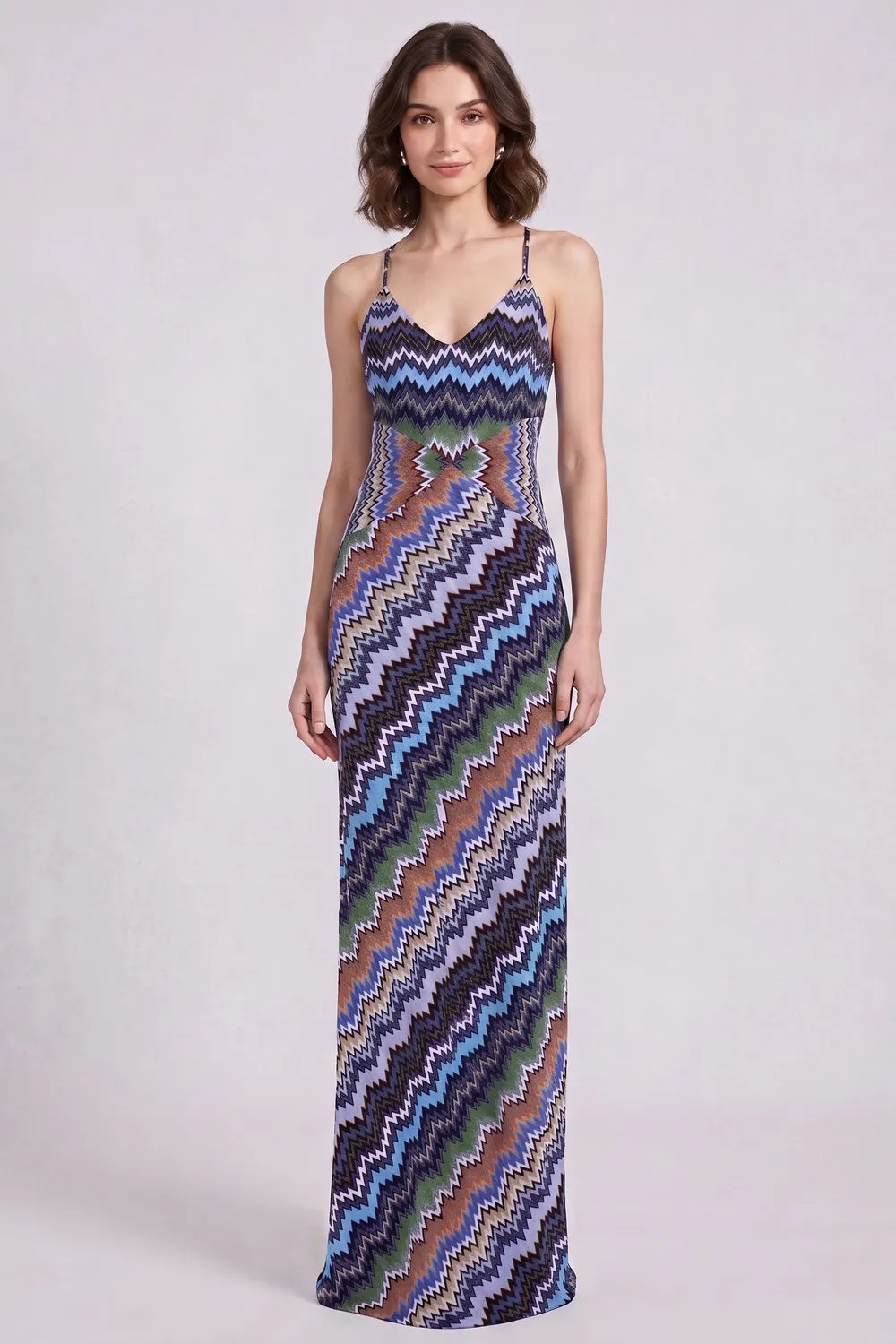 Blue Fine Knit Chevron Maxi Dress - OWNCI Blue Fine Knit Chevron Maxi Dress - OWNCI