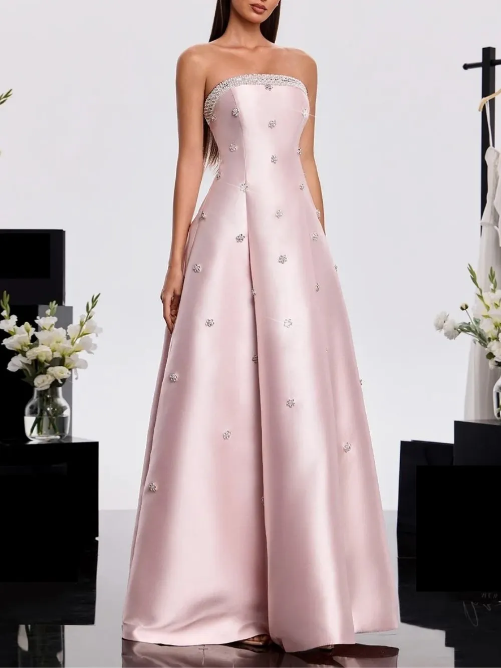 Harumi Strapless Rhinestone Satin Dress - OWNCI Harumi Strapless Rhinestone Satin Dress - OWNCI