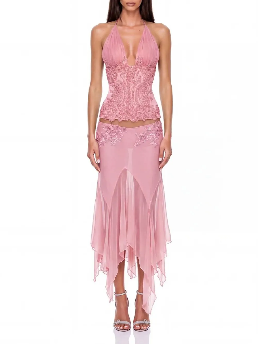 Graziella Halterneck Sequin Skirt Set In Pink - OWNCI