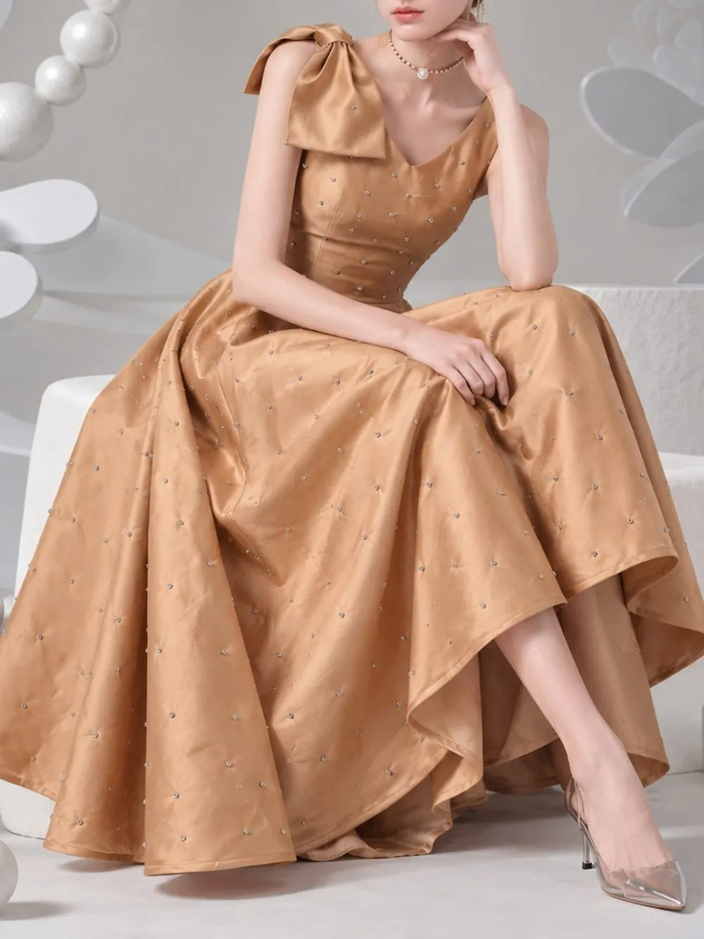Miyuki Bow V-Neck Midi Dress - OWNCI Miyuki Bow V-Neck Midi Dress - OWNCI