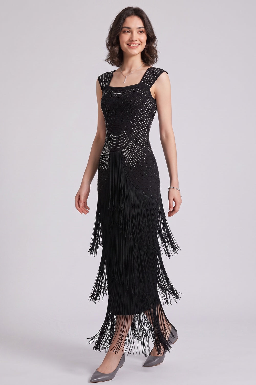 Black Art Deco Beaded Sheath Dress with Tiered Fringe - OWNCI Black Art Deco Beaded Sheath Dress with Tiered Fringe - OWNCI