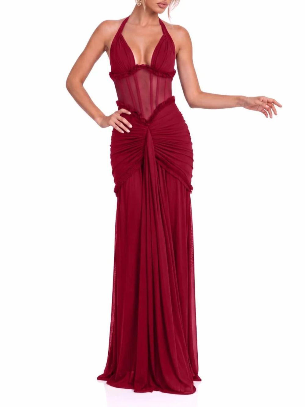 Liorqen Halterneck Ruched Maxi Dress - OWNCI