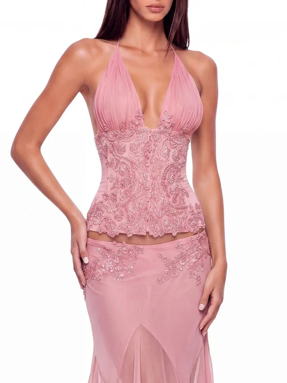 Graziella Halterneck Sequin Skirt Set In Pink - OWNCI Graziella Halterneck Sequin Skirt Set In Pink - OWNCI