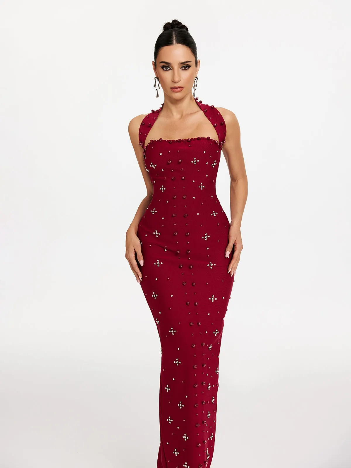 Elvira Halterneck Pearl Bandage Midi Dress In Red - OWNCI Elvira Halterneck Pearl Bandage Midi Dress In Red - OWNCI
